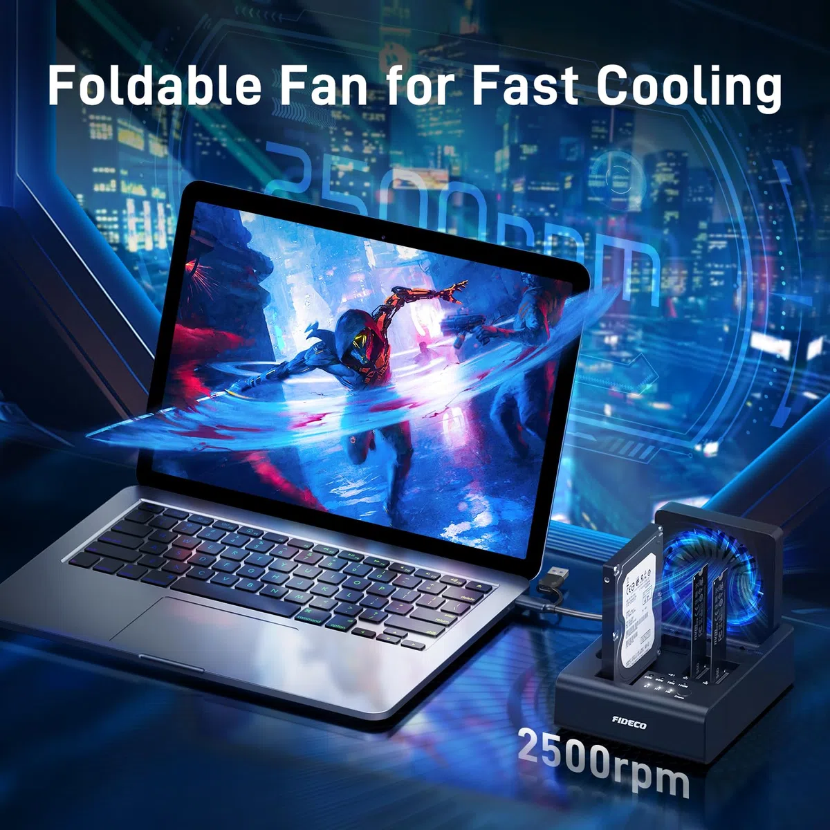FIDECO HDD/M.2 NVMe SSD Cloner Docking Station, USB 3.2 Gen 2 (10 Gbit/s), 3-Bay Festplatten-Cloner-Dock für M.2 NVMe SSD und 2,5"/3,5" SATA HDD, mit klappbarem Lüfter