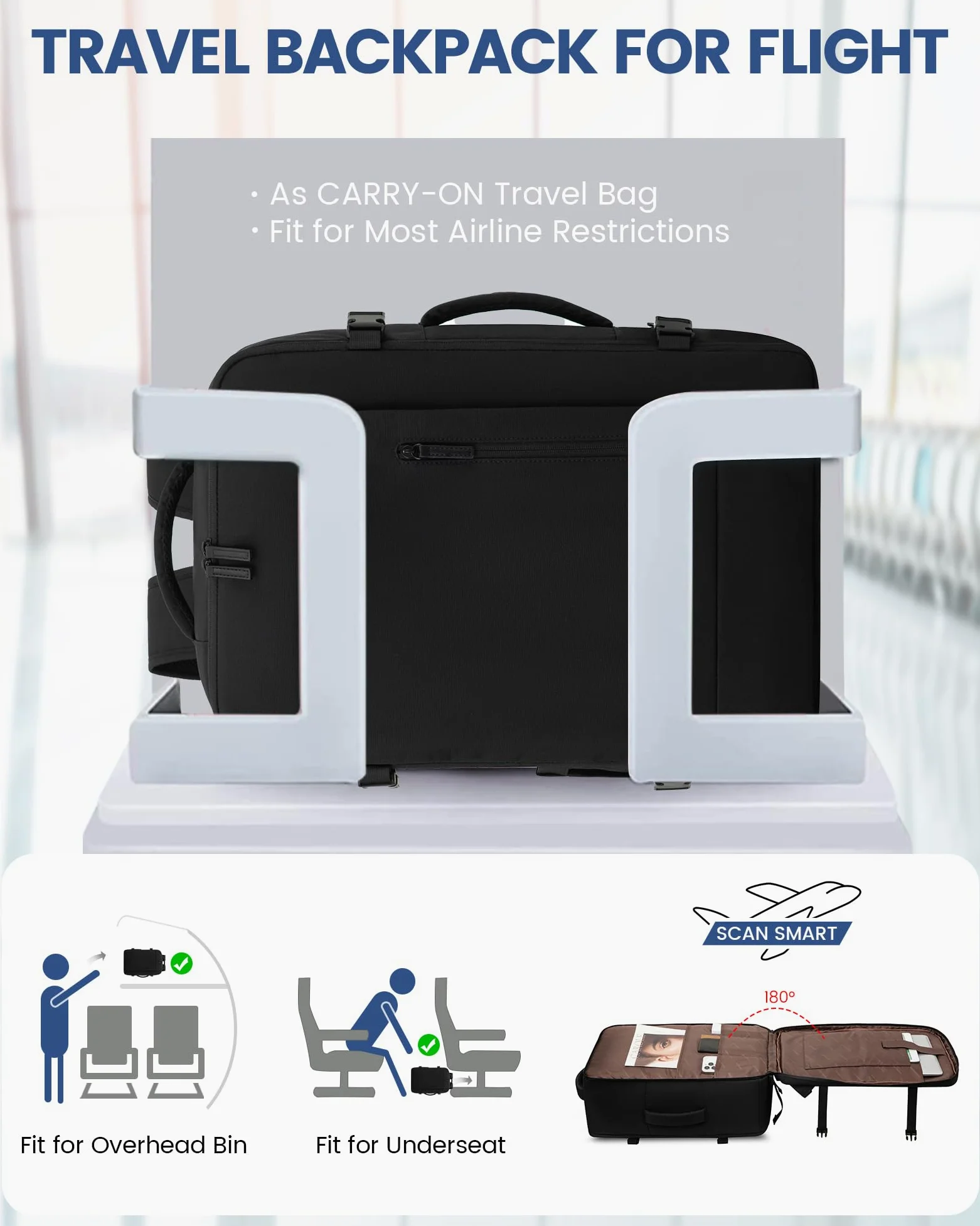 LOVEVOOK Handgepäck Rucksack, 40L Groß Reiserucksack Herren Damen Kofferrucksack Flugzeug Tasche, Travel Backpack Carry On Luggage für 17 Zoll Laptop, Reisetasche Koffer Cabin Bag für Reise, Schwarz