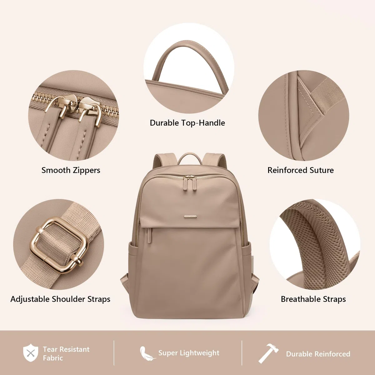 GOLF SUPAGS Frauen Rucksack Casual Daypack für Arbeit Reisen Hochschulen Rucksack Geldbörse Fits 14 Zoll Notebook (Champagnerfarben)