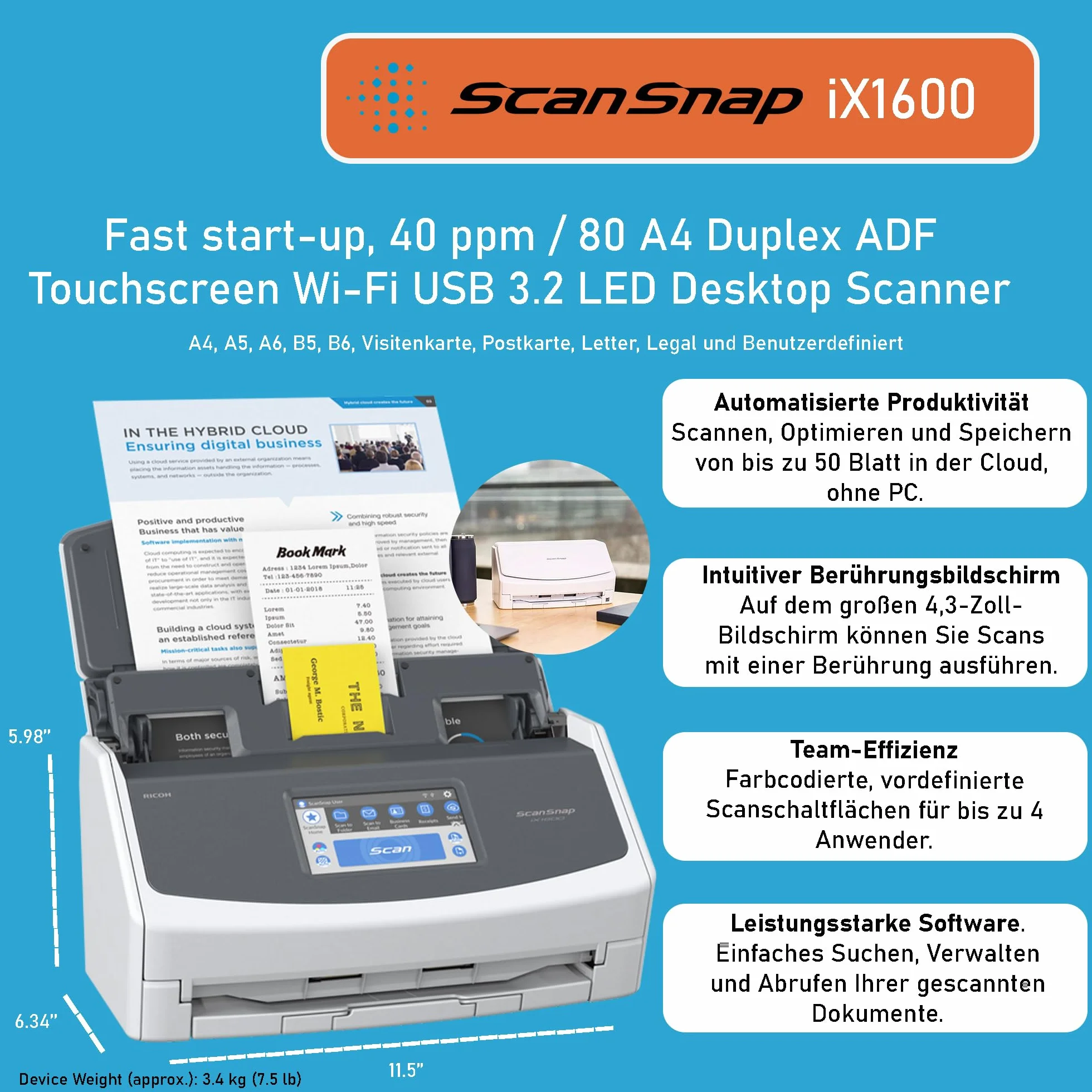 iX1600 ScanSnap Scanner (White) - A4, A5, A6, B5, B6, Visitenkarte, Postkarte, Letter, Legal und Benutzerdefiniert, Duplex, Wi-Fi, USB3.2, (40 Seiten/80 Bilder/Min) mit ADF, White, ADF, 40 ppm