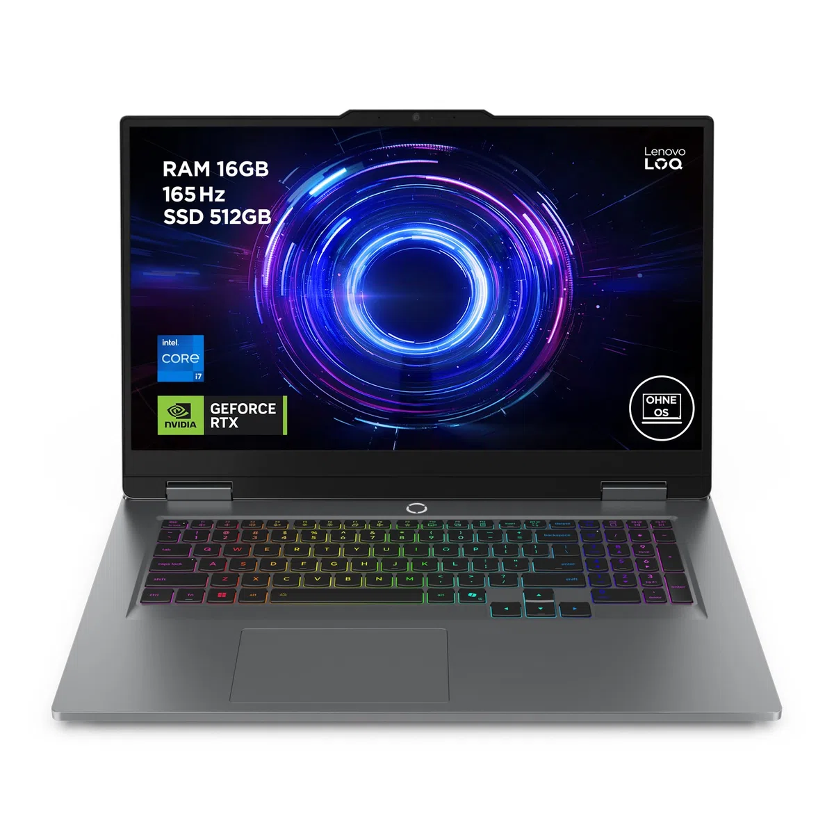 Lenovo LOQ Gaming AI Laptop | 17.3" Full HD 165Hz | NVIDIA GeForce RTX 5070 | Intel Core i7-14700HX | 16GB RAM | 512GB SSD | Ohne Windows | QWERTZ | 24-Zonen-RGB-Tastatur | Grau | 3 Monate Game Pass