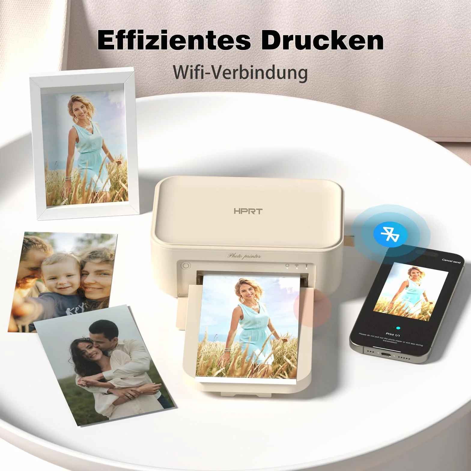 HPRT Desktop Fotodrucker 10cm x 15cm mit 20 Blatt Fotopapier & 1 Band, Instant Bilddrucker für iPhone, Smartphone, Thermische Farbstoffsublimation, WI-Fi-Verbindung, Zuhause, Beige