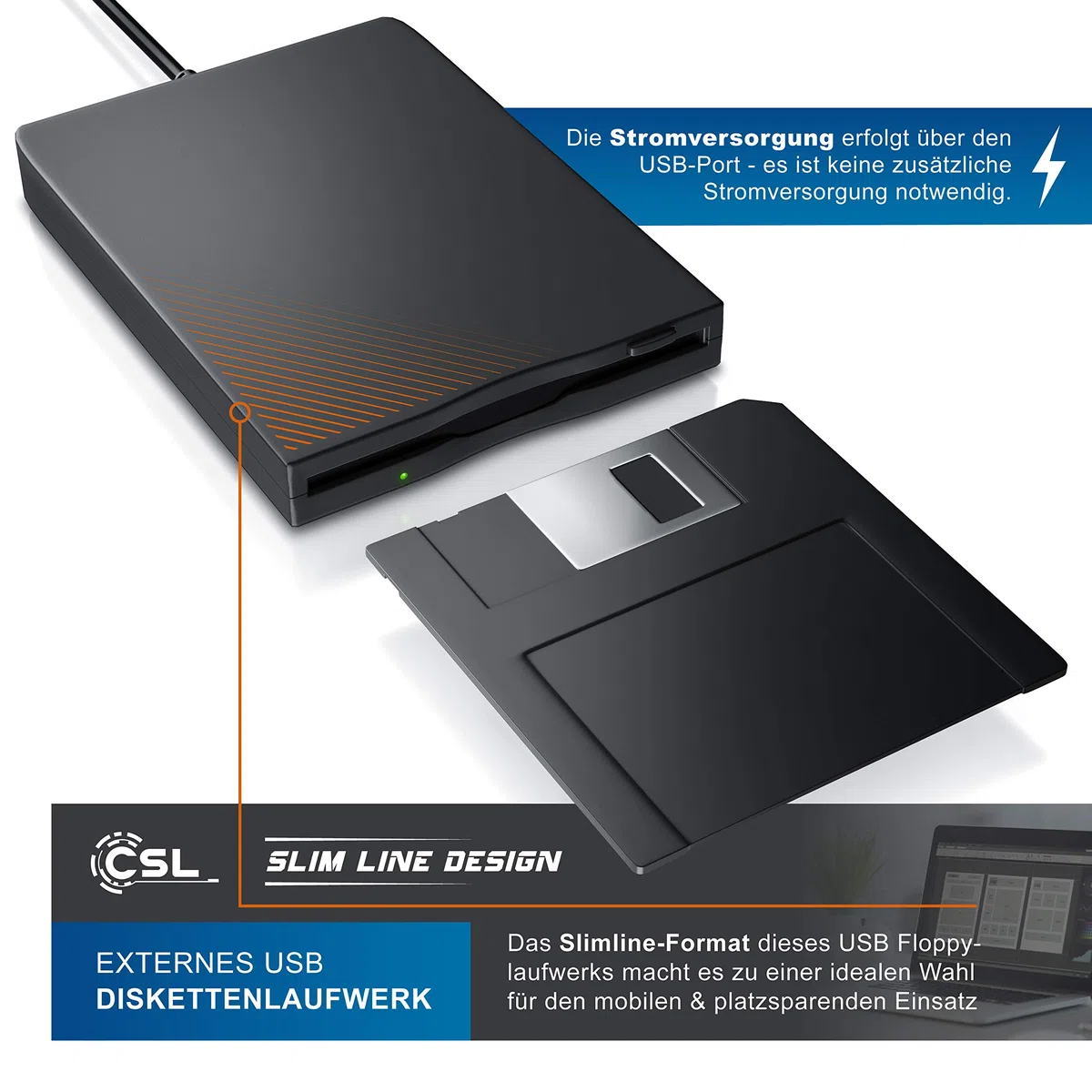 CSL - Externes USB Diskettenlaufwerk FDD 1,44MB 3,5 Zoll - PC - Slimline Floppy Disk Drive Extern - Portable - Plug and Play - schwarz - Windows 11 fähig
