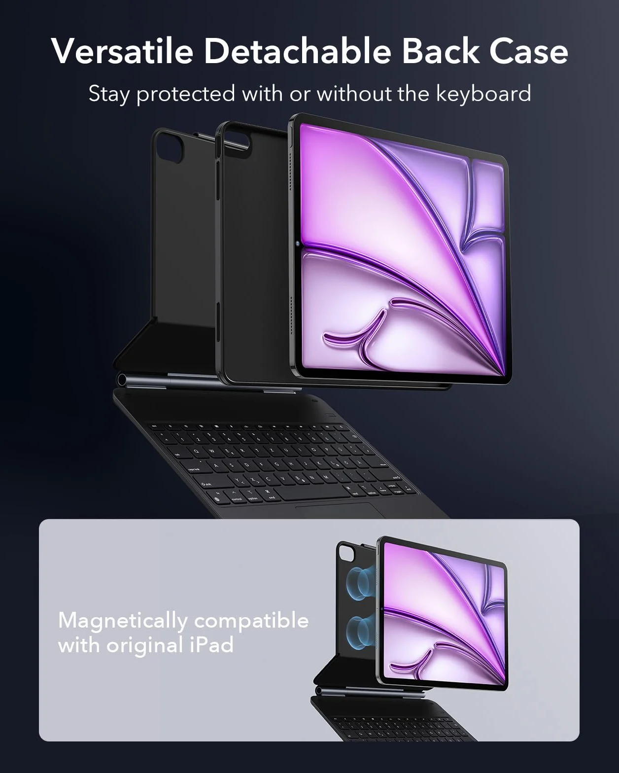ESR 【Upgraded】 iPad Air 13" (M4/M3/M2, 2026/2025/2024) Hülle mit Tastatur, Tastaturhülle mit Einzustellendem Magnetständer, Hoch-/Erhöhter Modus, Abnehmbare Schutzhülle, Rebound 360 Serie, Schwarz