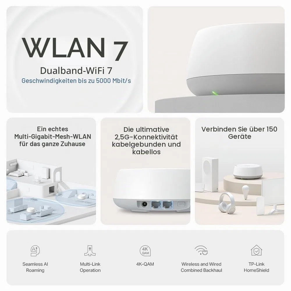 TP-Link Deco BE25 WiFi 7 Mesh WLAN(1 Pack), BE3600 Dual-Band Router und Access Point, 2 x 2.5 Gbit/s Ethernet Port, WPA3, 4 Streams, 160 MHz Kanäle, Gästenetzwerk, HomeShield
