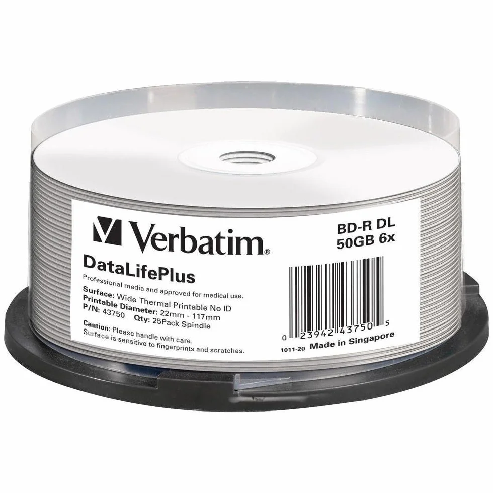 Verbatim BD-R, Blu-Ray-Disk 50GB - Weiße bedruckbare Oberfläche - 6-fache Brenngeschwindigkeit - DataLifePlus - 25 Stück Spindel