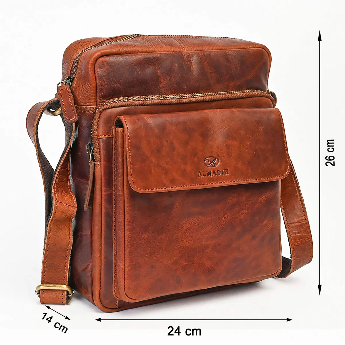 ALMADIH Leder Umhängetasche Herren perfekt für Tablet iPads 12.9 Zoll - DON braun - Kompakte echte Ledertasche für Arbeit & Alltag Messenger Schultertasche kleine Herrentasche