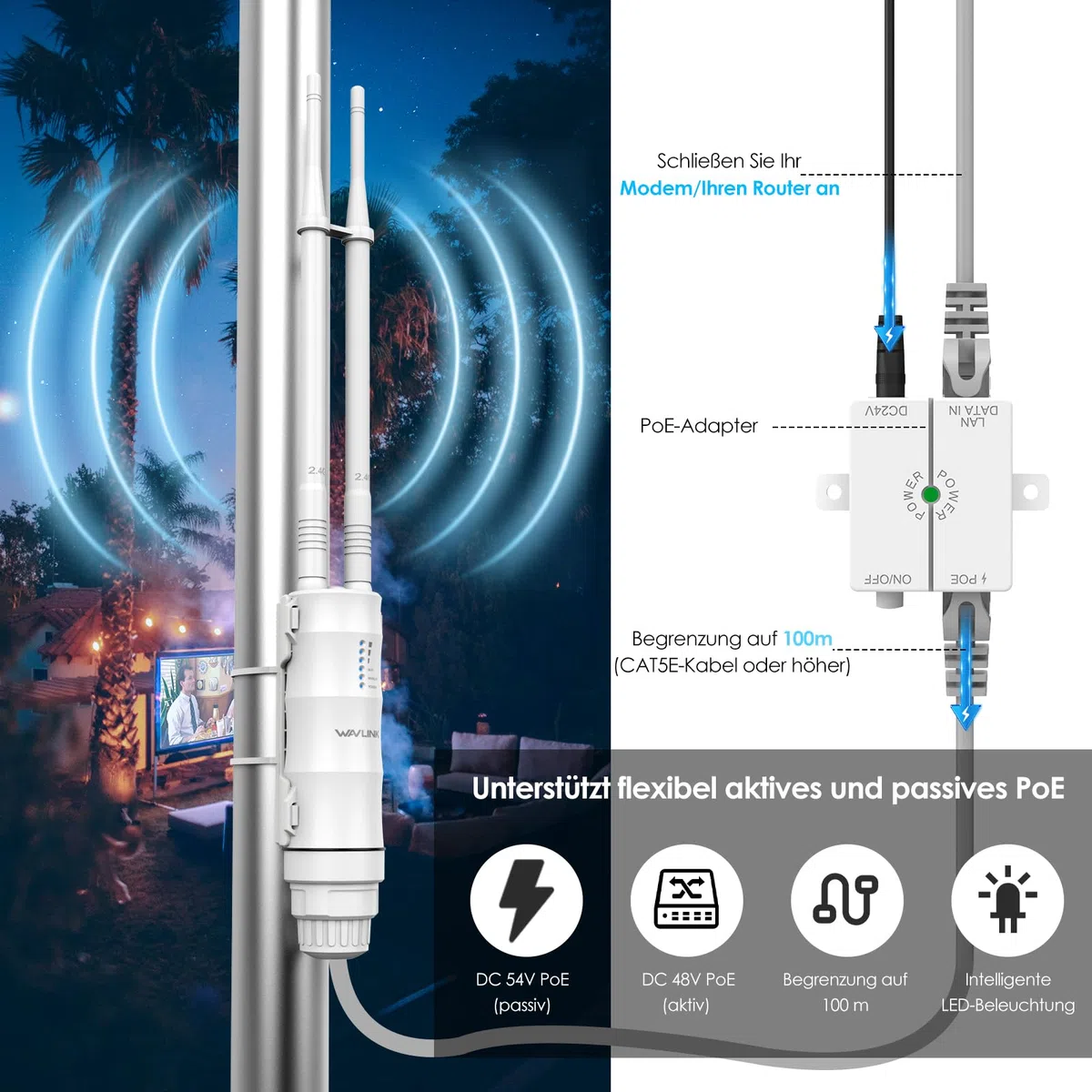 WAVLINK AC1200 Outdoor WLAN Repeater, wetterfester 1200Mbit/s WLAN Access Point/Verstärker unterstützt Passive/Active PoE, AP/Router/Repeater Modi, 100Mbit/s WAN/LAN, WPA2, EU-Netzteil