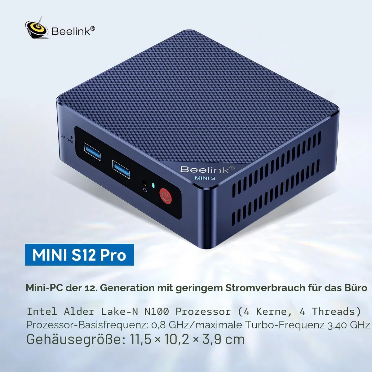 Beelink MINI S12 Pro Mini PC, 12th Gen Intel Alder Lake-N100 Prozessor (bis zu 3,4GHz) Mini Computer Windows 11 Home, 12GB LPDDR5 RAM 500GB SSD Office Desktop-PC, Dual HDMI/WiFi 6/BT5.2/RJ45 2.5G