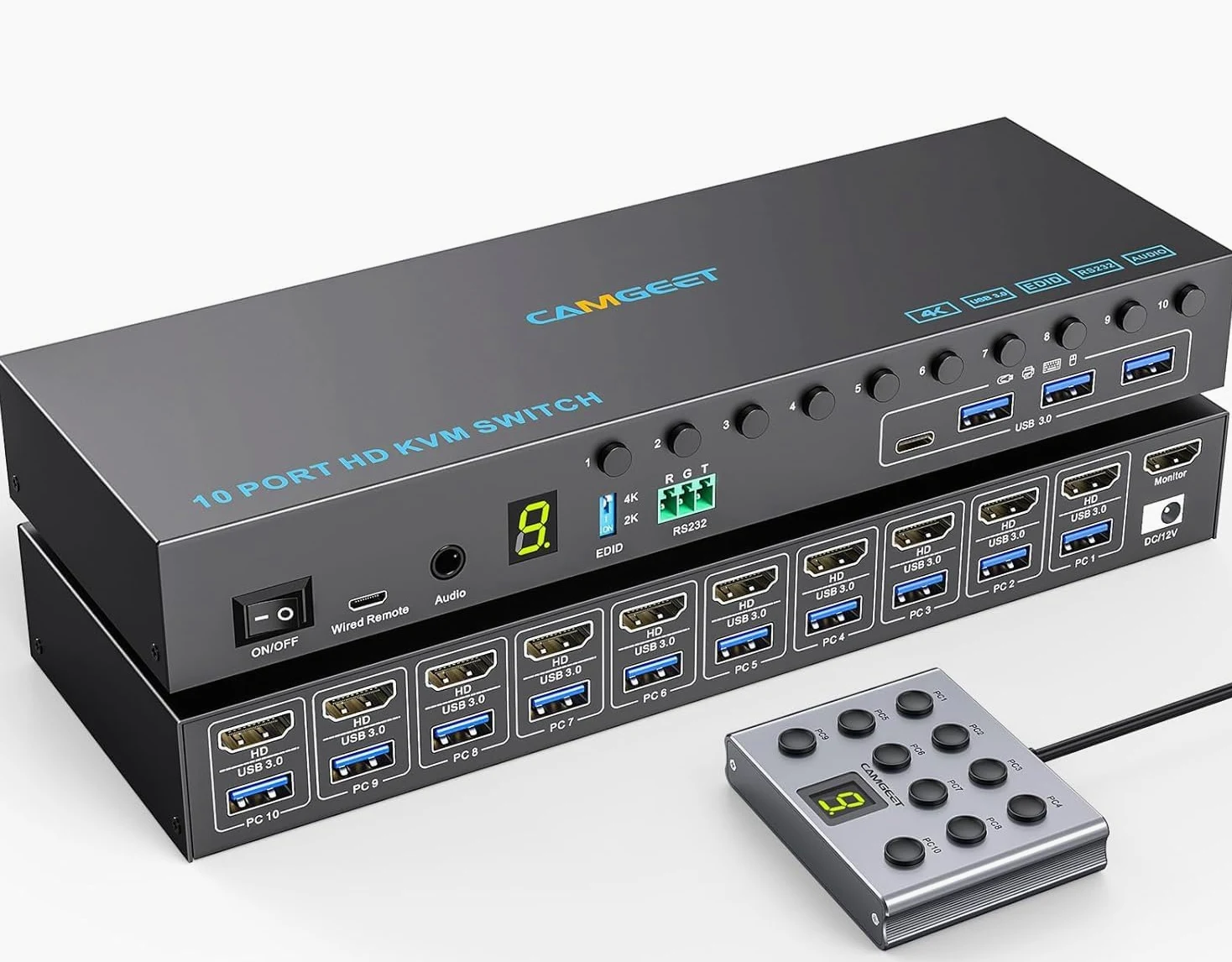 10 Port KVM Switch HDMI 4K@60Hz Simulation EDID, 10 IN 1 OUT HDMI KVM Switch für 10 Computer teilen sich 1 Monitor und 4 USB 3.0 Ports, 10 PC KVM Switches mit Audio RS232 & Wired Remote