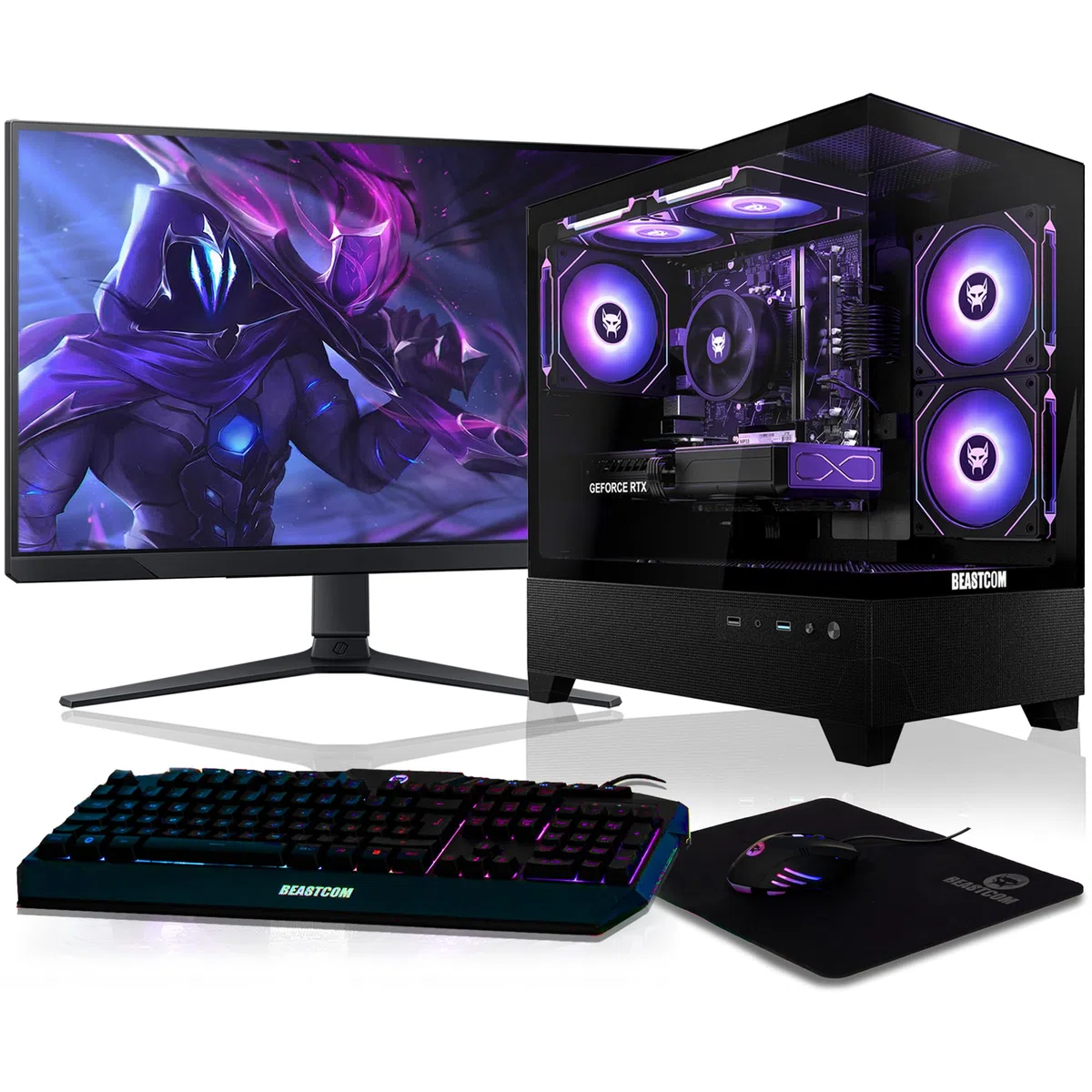 BEASTCOM Q5 | Gaming PC Set Bundle | AMD Ryzen 7 5700X 8X 4,60GHz 16 Threads, RTX 5060 8GB, 16GB RAM, 1TB NVMe SSD, Monitor LED 27" + RGB Tastatur + Maus + Mauspad, HDMI, WLAN, Win 11