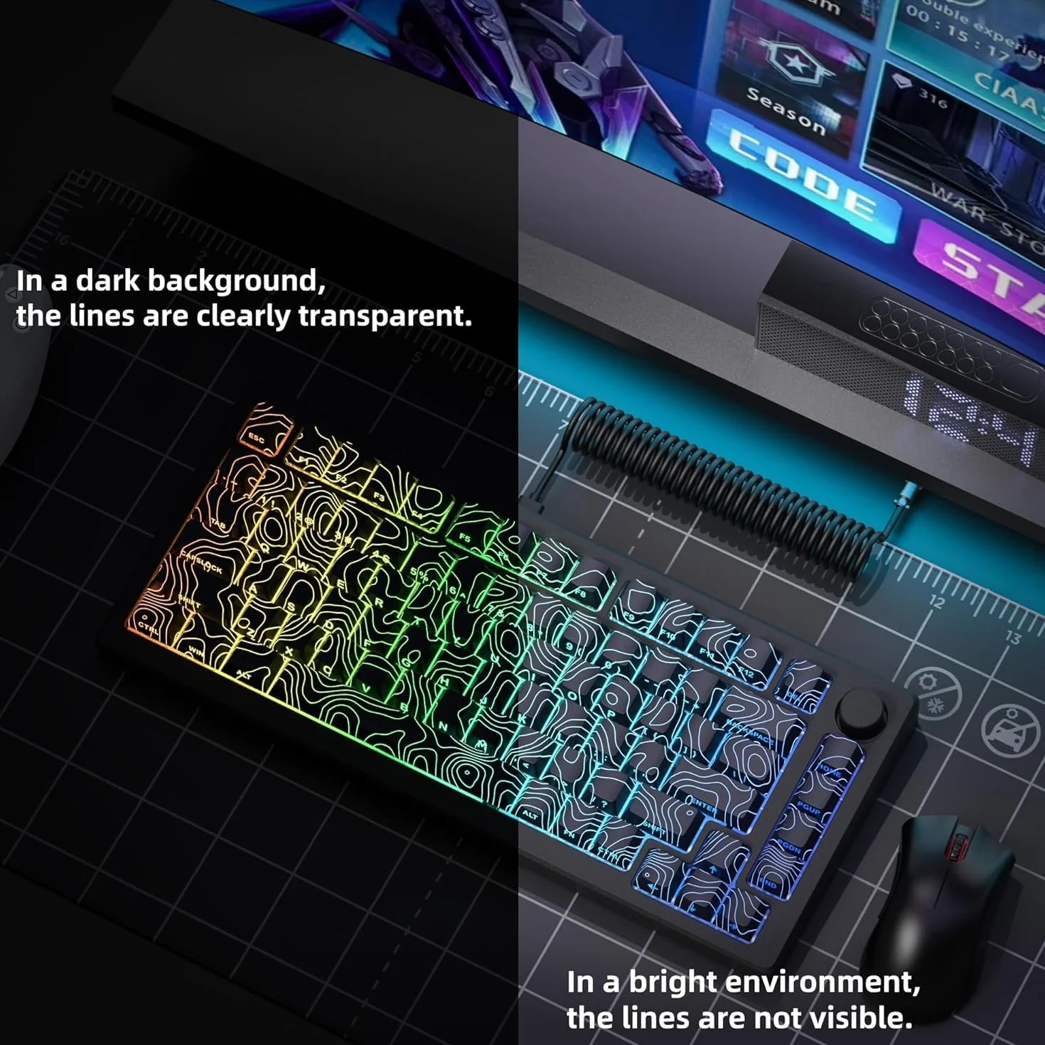 PBT Keycaps, Schwarze topografische 60 75 Prozent Lines Backlit, Shine Through Tastenkappen, Seitlich Bedruckte Cherry Profile für100%, 75%, 65%, 60% ANSI US Tastatur(nur Tastenkappen)