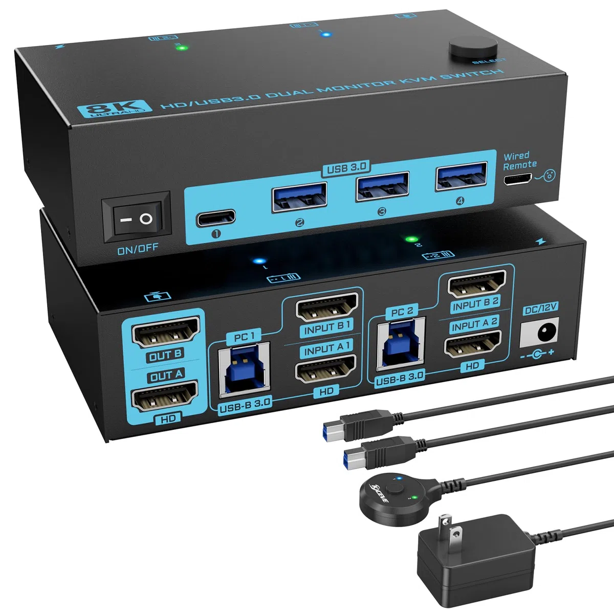 8K HDMI 2.1 KVM Switch 2 PC 2 Monitore 2 IN 2 OUT Dual Monitor KVM Switches Maximale Unterstützung 8K@60Hz/4K@144Hz, mit 4 USB 3.0-Anschlüssen kabelgebundener & Fernbedienung & 2 USB 3.0-Kabeln