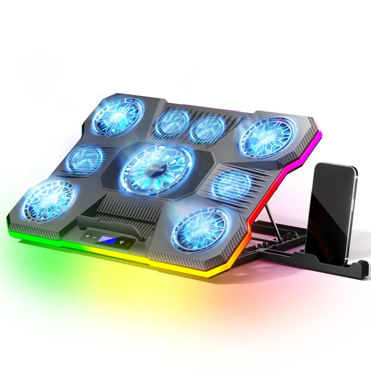 Laptop-Kühlpad MOOJAY mit 9 Leisen Lüftern für 14–19-Zoll-Notebooks, Gaming-Kühlständer mit 6 Einstellbaren Lüftergeschwindigkeiten, 10 RGB-Lichtmodi, 2 USB-Anschlüssen und Handyhalter