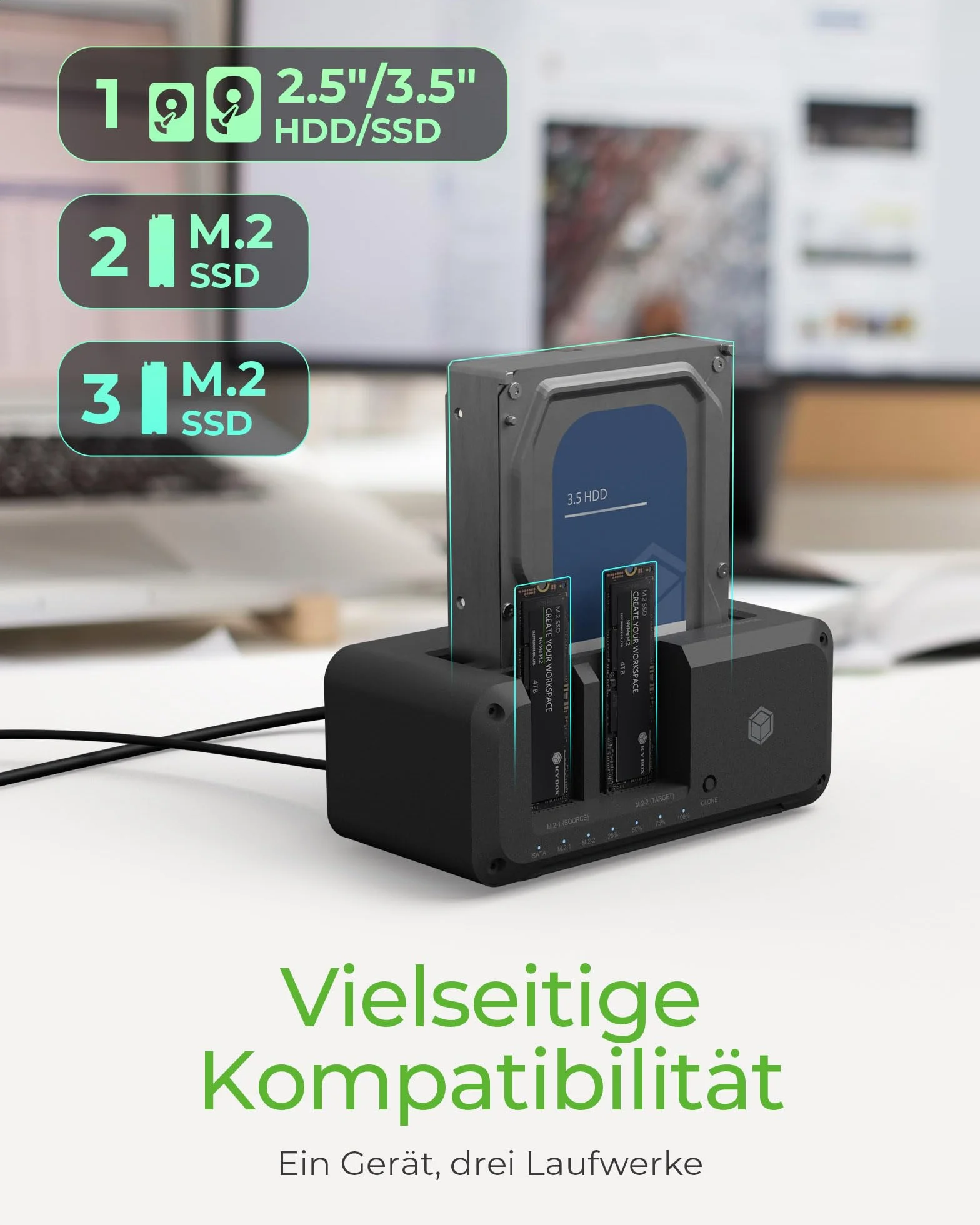 ICY BOX HDD/M.2 NVMe SSD Docking Station USB 3.2 Gen 2 (10 Gbit/s), Festplatten Klonstation & Lesegerät (2,5" & 3,5" SATA auf M.2 NVMe/M.2 NVMe auf M.2 NVMe), Zweiwege Klonen, IB-2924MSCL-C31