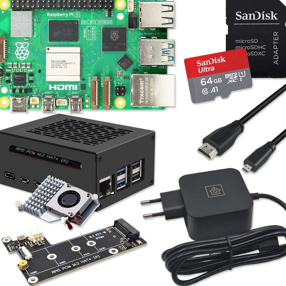 Raspberry Pi 5 8GB PCIe M.2 NVMe - Kit | Metallgehäuse | Active Cooler | M.2 NVMe SSD PCIe Board | USB-C 27W Netzteil | 4K Micro HDMI Kabel | Ideal für Home Assistant