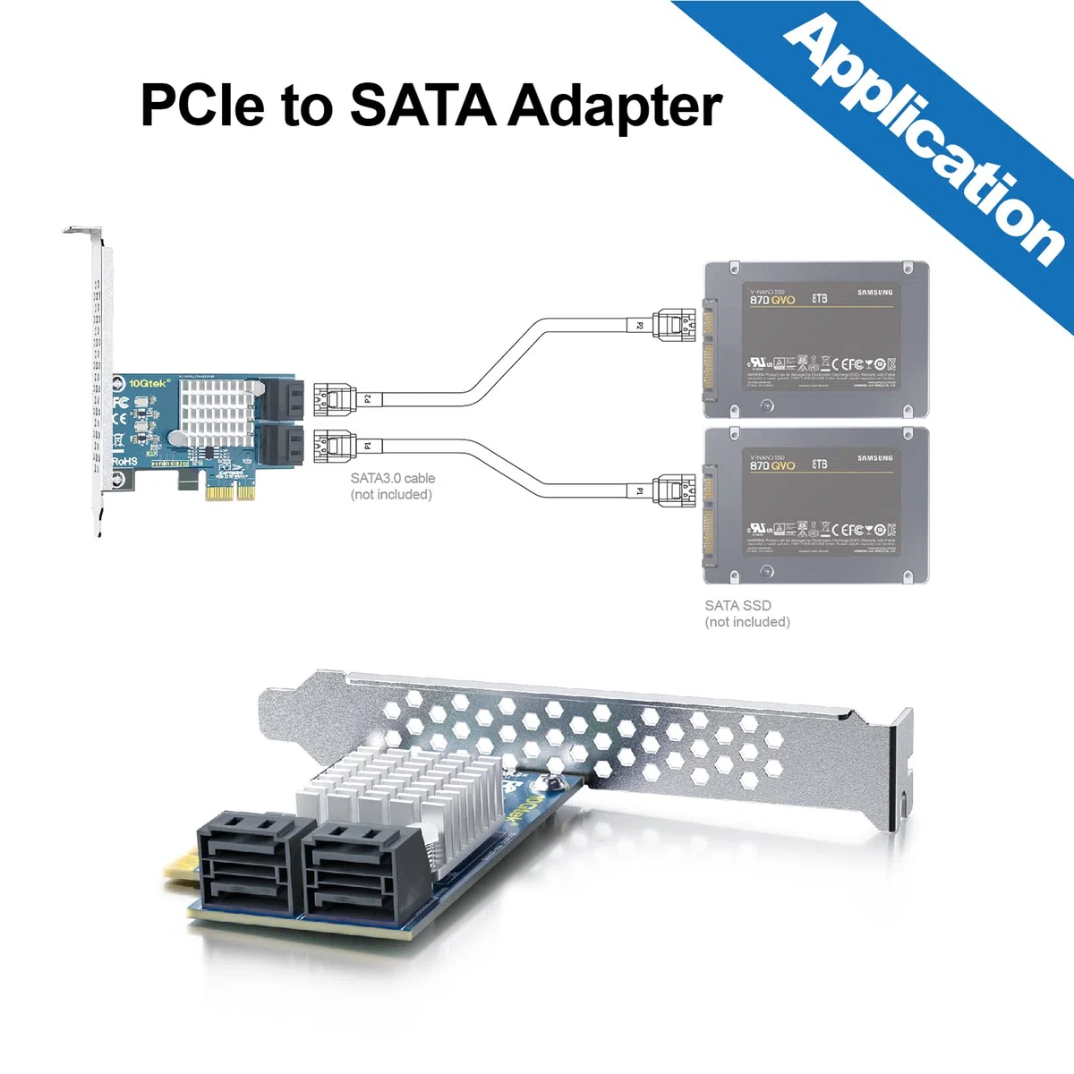 PCIe SATA Card Erweiterungskarte, 4 Port with 4 SATA Cables and Low Profile Bracket, 6Gbps SATA3.0 Controller PCI Express Expansion Card, Support SSD and HDD