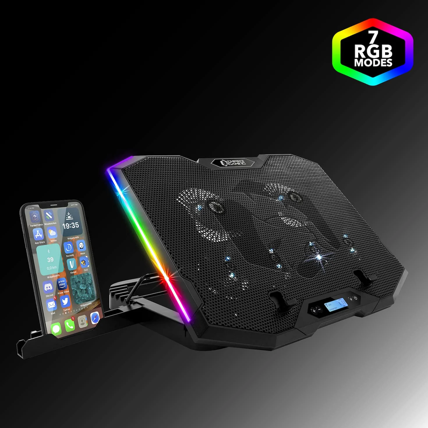 EMPIRE GAMING - Guardian S-C100 Laptop-Kühler RGB Gamer – 6 Ventilatoren - LCD-Controller - 5 Höheneinstellungen – Kompatibel für 12 bis 17 Zoll – Abnehmbarer Smartphone-Halter, Luft