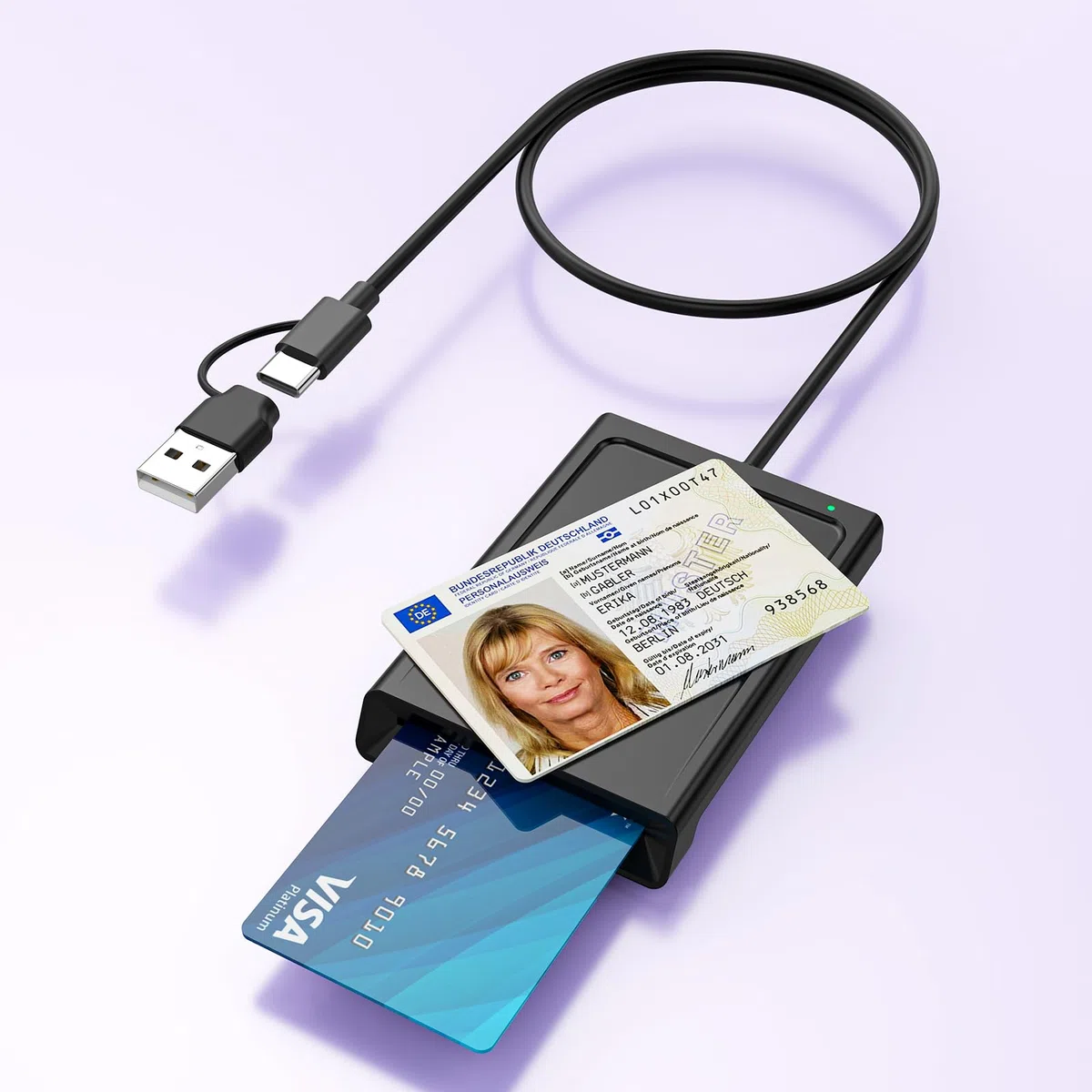 2IN1 USB-A & USB-C Chipkartenleser mit NFC, USB Smart Card Reader Kartenlesegerät DOD Military Kartenleser für den neuen Personalausweis Bankkarten kompatibel mit Windows, Linux, Android,95cm Kabel