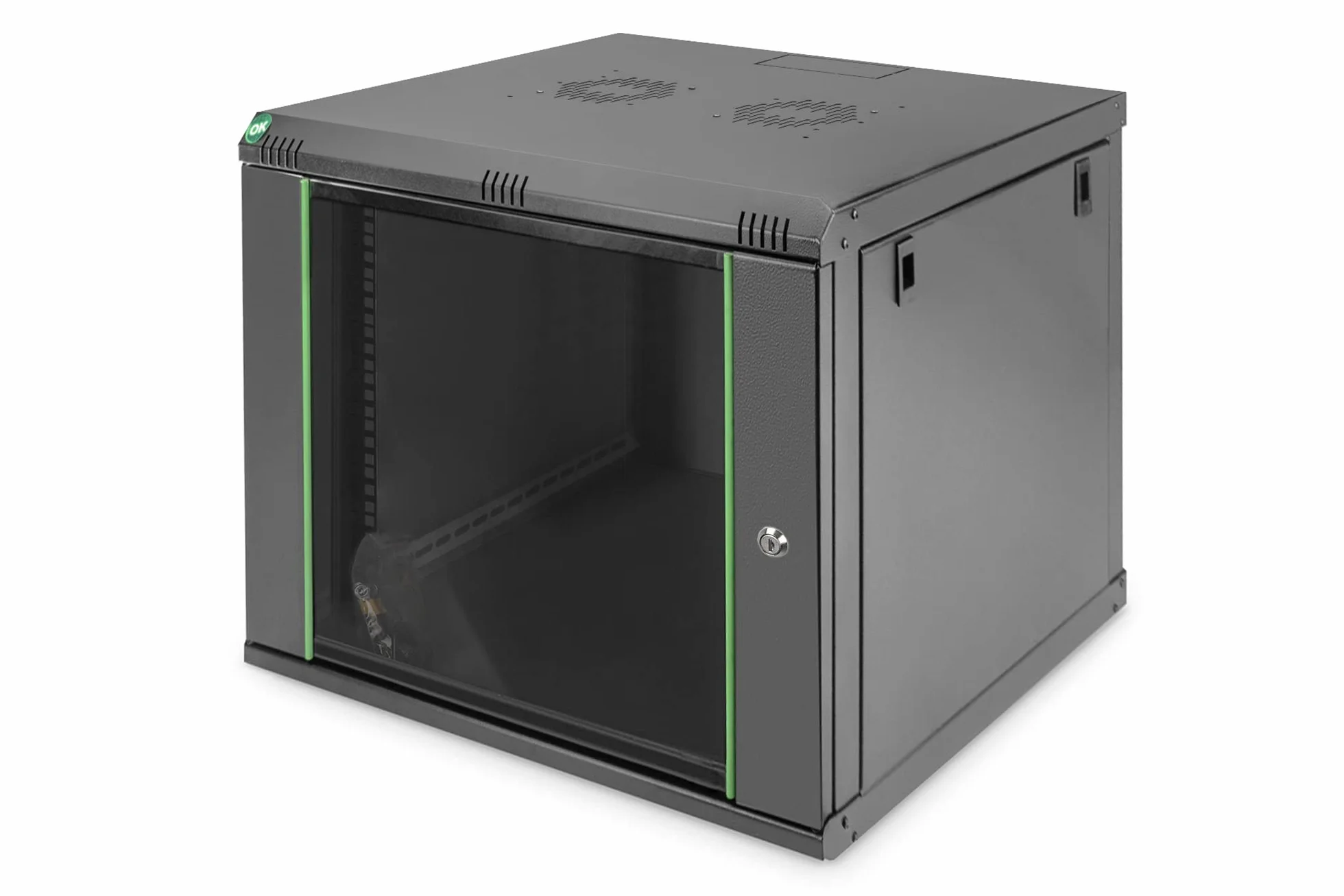 DIGITUS Netzwerkschrank – 19 Zoll 9HE – 450mm Tiefe – Dynamic Basic | Nutztiefe 320 mm – Wandmontage – Traglast 60kg – Sicherheitsglastür – Schwarz
