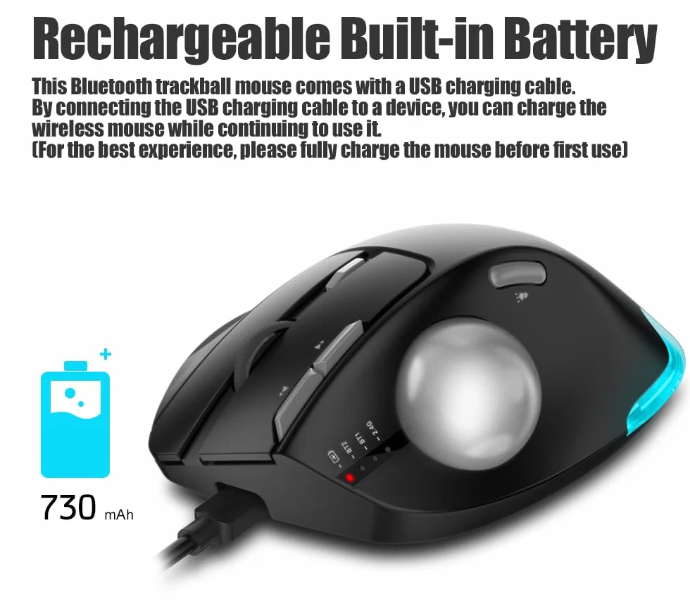 zelotes Trackball Maus Kabellos,Kabellose Bluetooth Maus,4800DPI,BT 5.0/3.0 + 2.4G,Daumenbedienung,Wiederaufladbar Ergonomische Funkmaus mit USB-Empfänger für Laptop,PC,Tablets,Schwarz