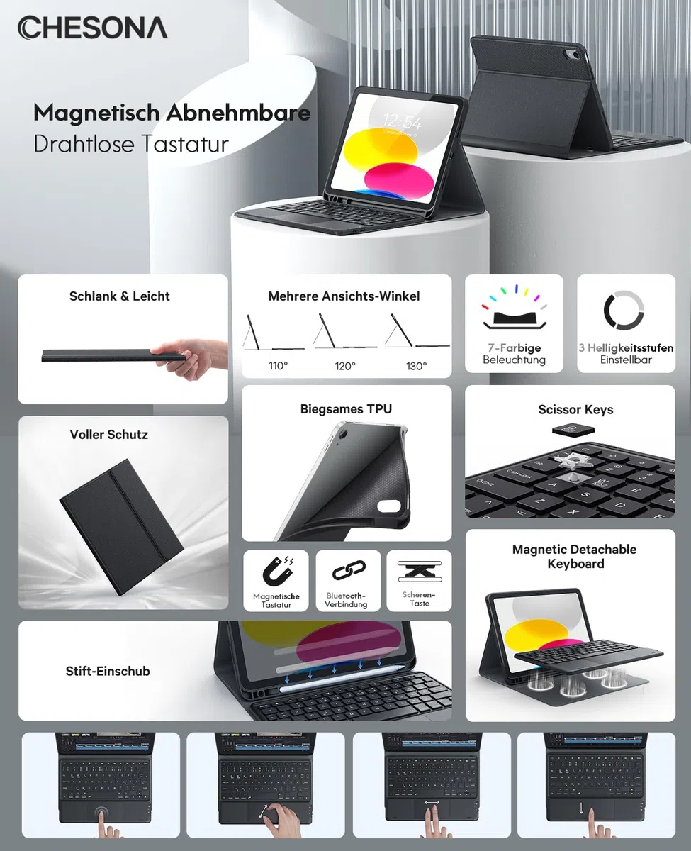 CHESONA Hülle mit Tastatur für iPad 10 Generation/11 Generation A16 2025, 7 Farben Beleuchtung, Multi Touch Trackpad, 2 Bluetooth Kanäle für Neu iPad 10. Gen 2022/2025 11", Schwarz