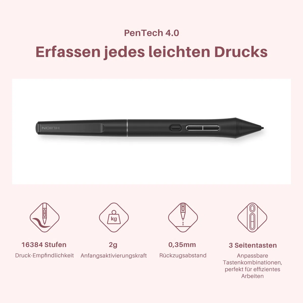 HUION Kamvas 13 Gen 3 Grafiktablett mit Display, Entspiegeltes Geätztes Glas, PenTech 4.0, 16384 Stiftdruck, Verstellbarer Ständer, 13,3 Zoll Dual Dial Zeichentablett für Designer, Künstler, Rosa
