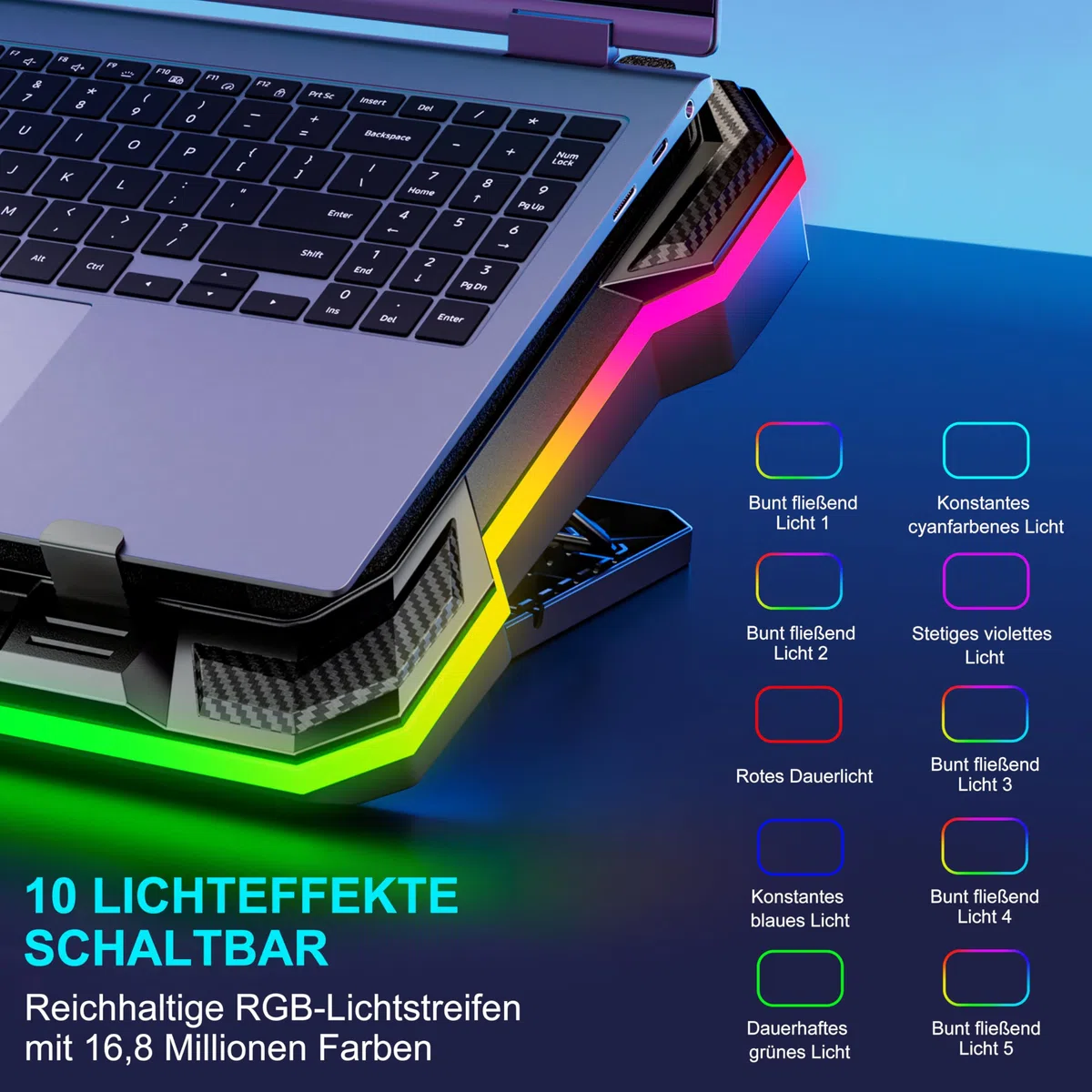 Laptop Kühlkissen Leistungsstarker Turbolüfter RGB Gaming Notebook Kühler MOOJAY Laptop Lüfter Kühlständer mit 8 Höhenverstellbar und Handyständer, für 14-19 Zoll Laptop - Eisblau LED Licht