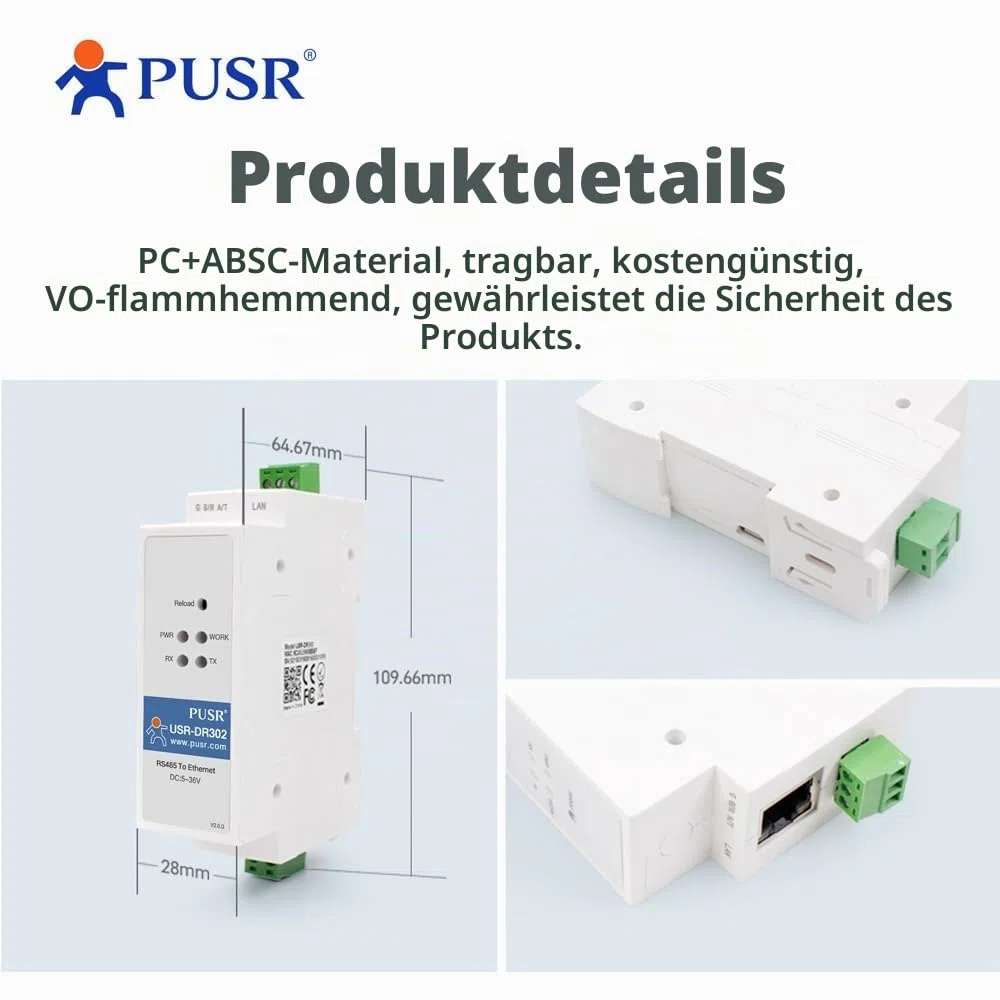 DIN-Schiene RS485 zu Ethernet Konverter Modbus RTU zu TCP Modbus Gateway überträgt Daten transparent zwischen TCP/IP und RS485 Benutzerdefinierte Webseite USR-DR302