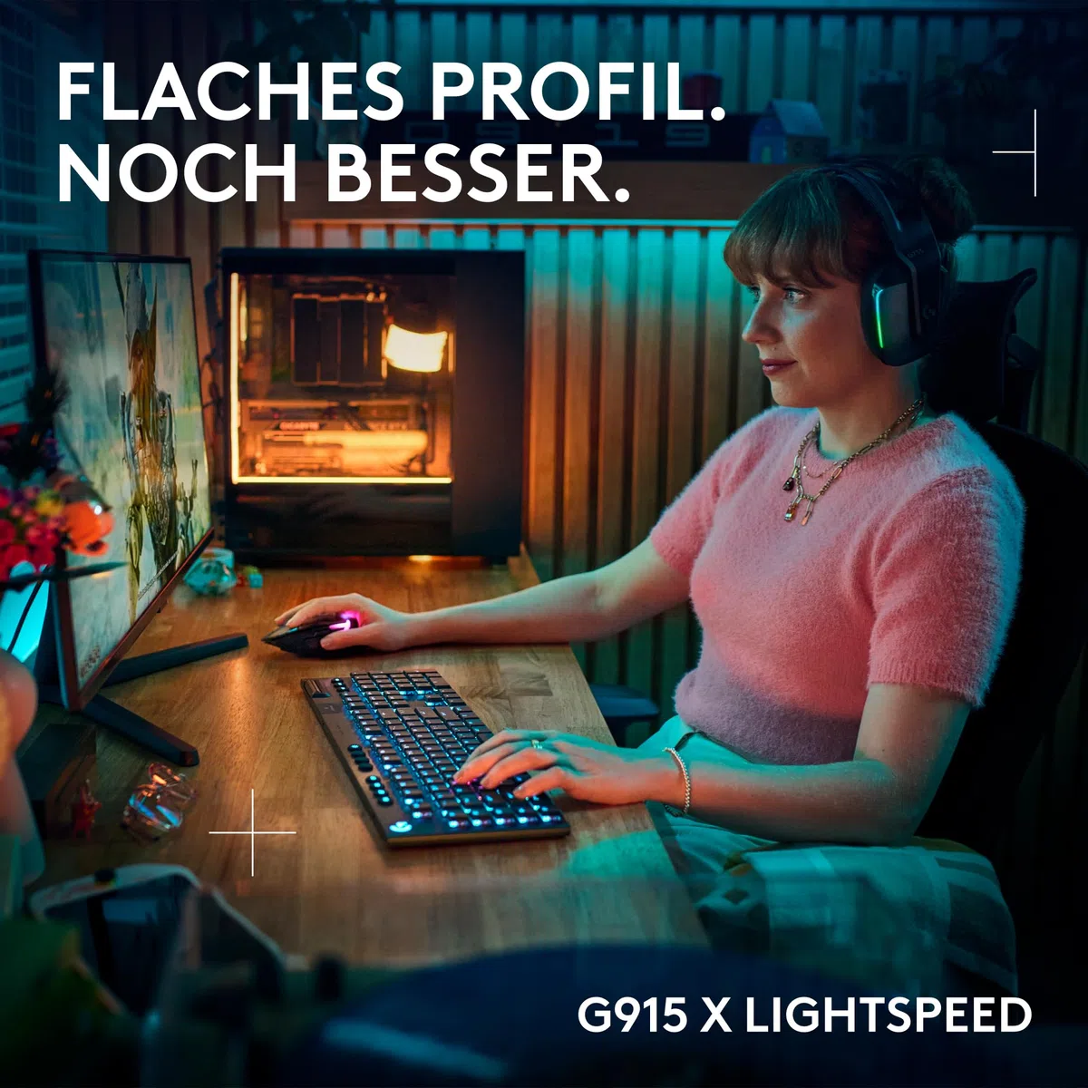 Logitech G G915 X Lightspeed - Kabellose, Flache Gaming-Tastatur, Double-Shot-PBT-Tastenkappen, voll programmierbare Tasten, RGB-Hintergrundbeleuchtung, GL Brown-Tactile, PC/Mac, DEU QWERTZ -Schwarz
