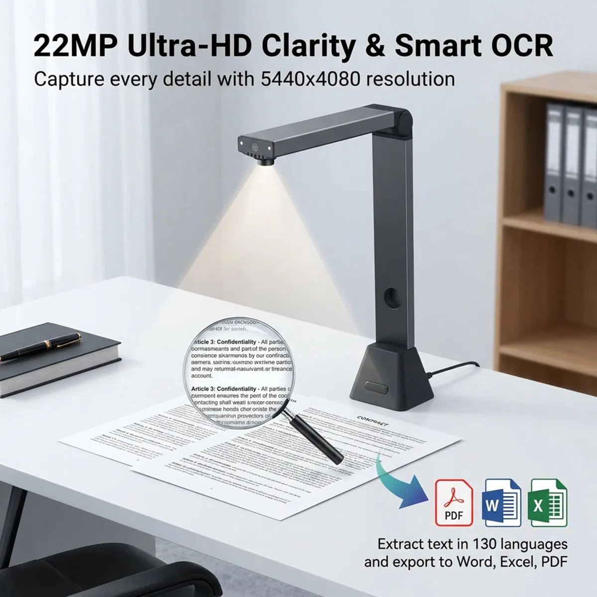 Dokumentenscanner A3 Scanner 22MP: OCR für 130 Sprachen USB Dokumentenkamera mit 4 LED für Schule Büro Archiv Homeoffice