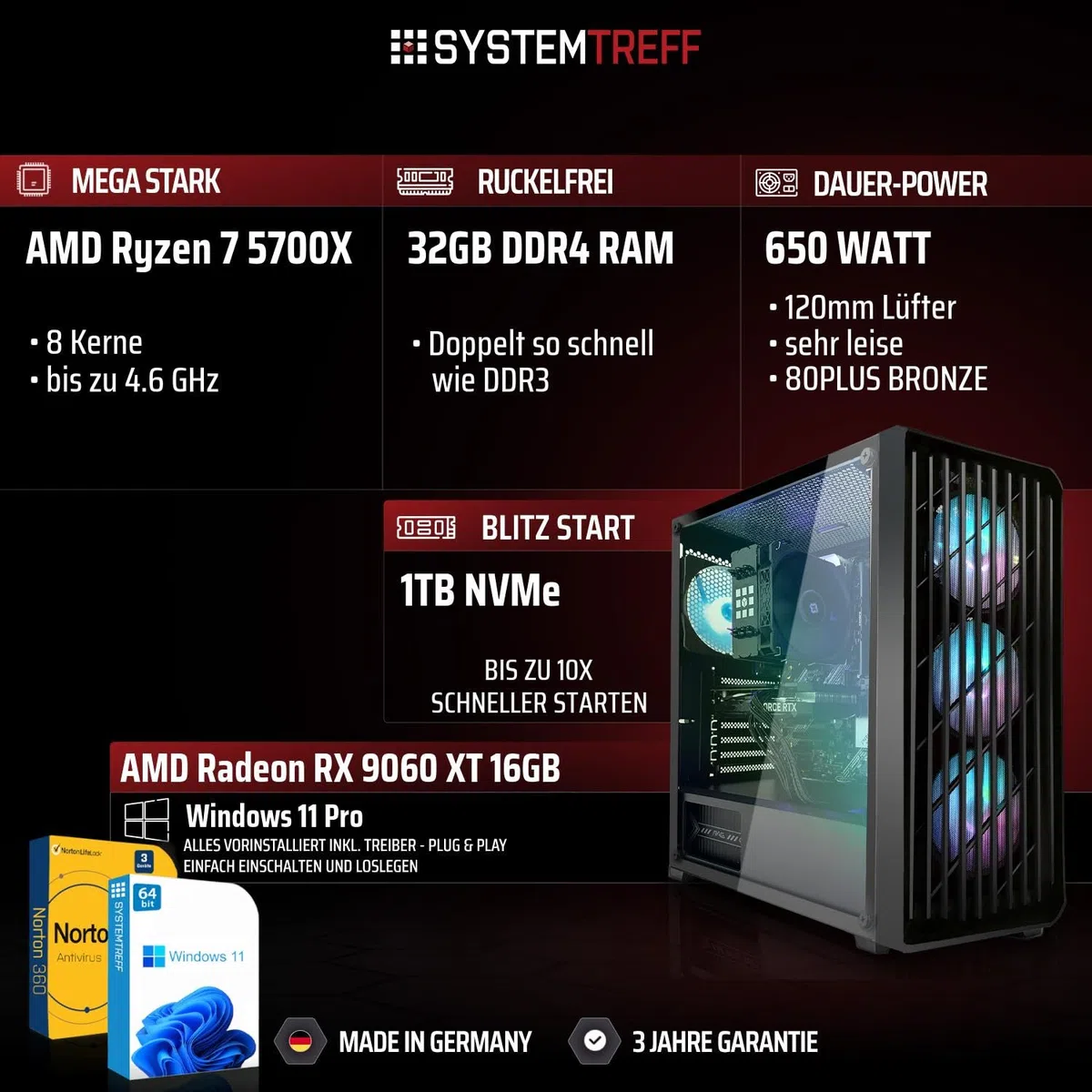 SYSTEMTREFF Gaming PC AMD Ryzen 7 5700X 8x4.6GHz | AMD Radeon RX 9060 XT 16GB DX12 | 1TB M.2 NVMe | 32GB DDR4 RAM | Windows 11 | WLAN Desktop Computer Rechner für Gamer, Zocker & Streamer