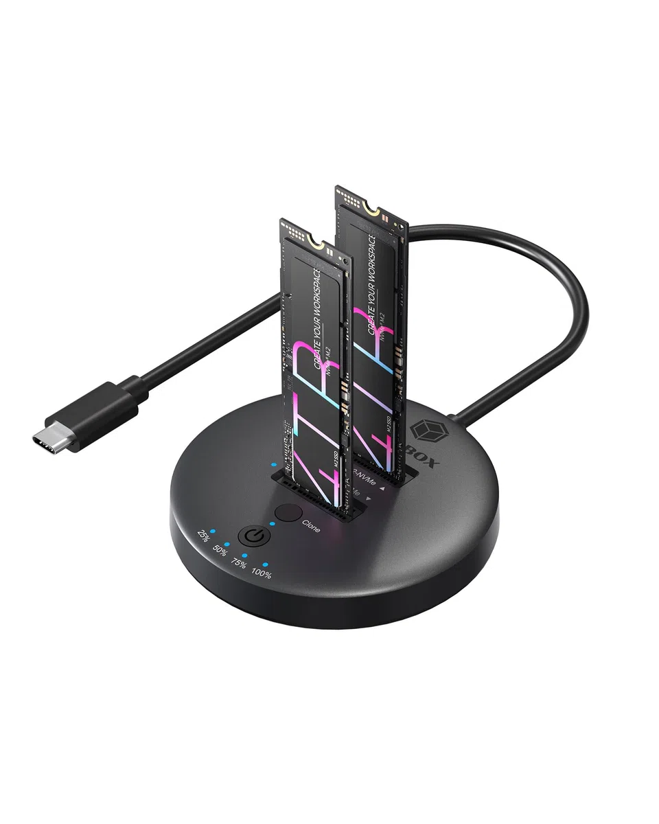 ICY Box M.2 NVMe SSD Klon- und DockingStation, USB-C 3.1 Gen 2, bis 10 Gbit/s, Dual Bay, Autarkes Klonen ohne PC, für 22x30/42/60/80/110 mm SSDs, IB-1612MCL-C31