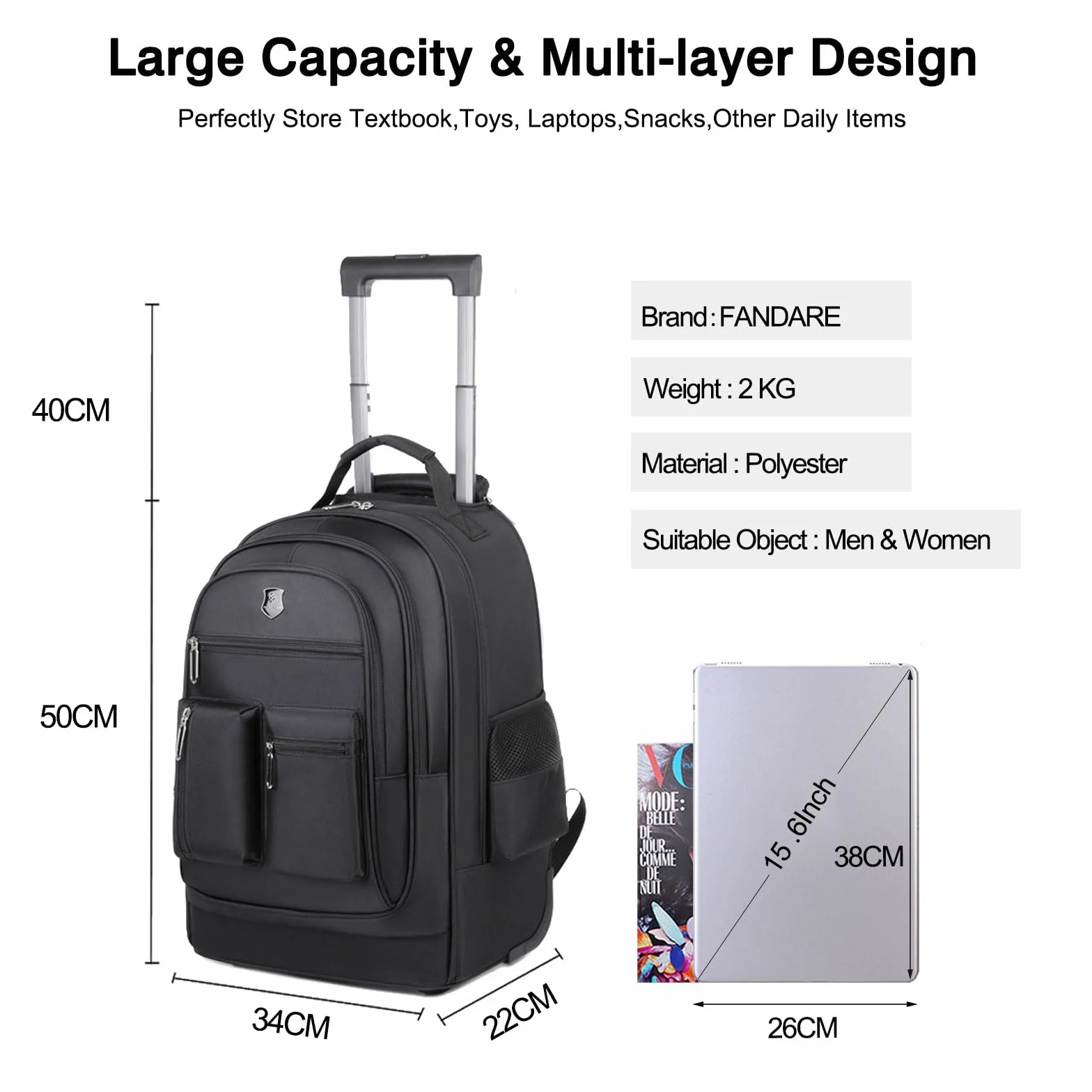FANDARE Business Trolley Reiserucksack mit Rollen Handgepäck Koffer Groß Rolling 15.6 Zoll Laptop Rucksack Reisetasche mit Rädern Herren Laptoptasche Reisekoffer Aaktenkoffer für Schule Arbeit