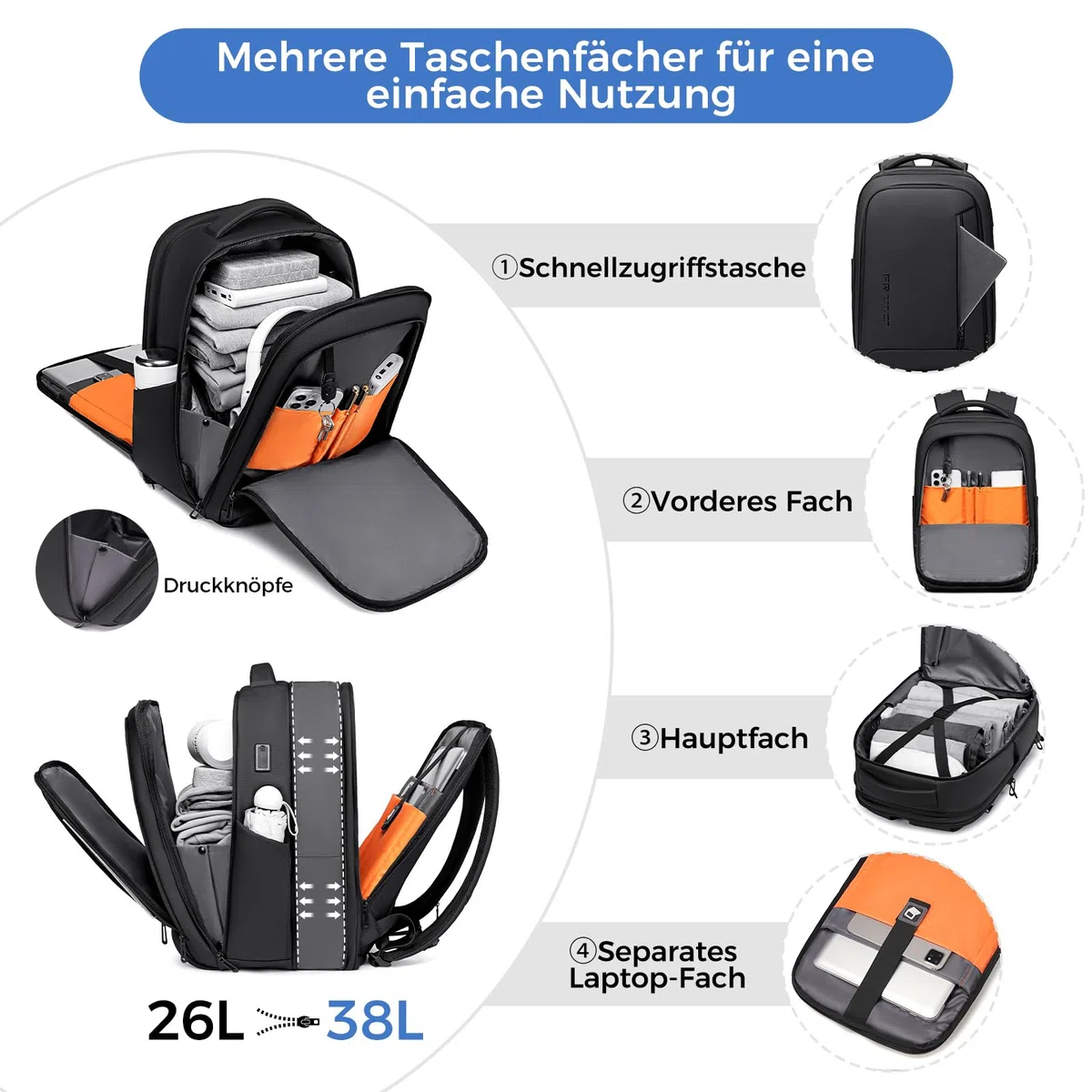 Fenree.geer Business Rucksack Herren, USB-Anschluss – Arbeitsrucksack-Travelite Rucksack Erweiterbar 26L-38L für Reiserucksack-17 Zoll Laptop Rucksack-1800D Wasserdicht