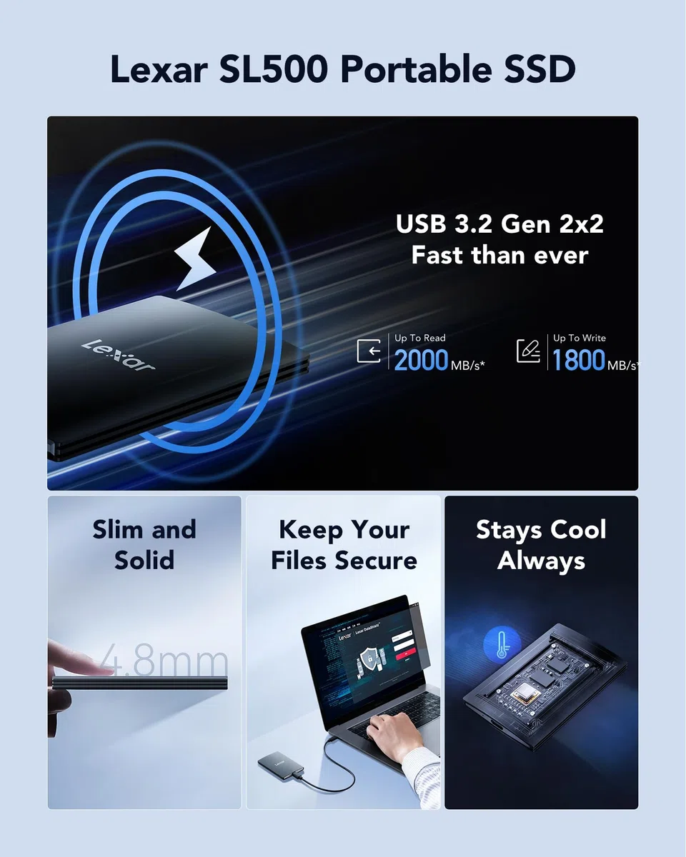 Lexar Externe SSD 4TB, USB 3.2 Gen2x2 Portable SSD, bis zu 2000 MB/s Lesen, 1800 MB/s Schreiben, Tragbare SSD für iPhone15-Serie/Mac/PS5/XBOX/Laptop/PC und Spielkonsole