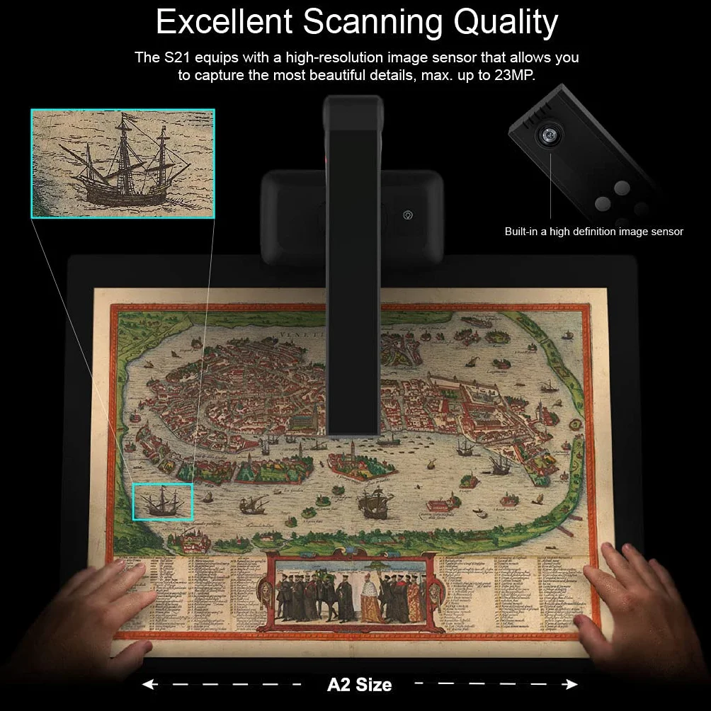 VIISAN Dokumentenscanner - 23MP Buchscanner mit Scan Max A2, ideal für große Periodika, Bücher und Dokumente. Unterstützt A3/A4/A5/Karten, mehrsprachige OCR-Texterkennung, kompatibel mit Mac/Windows