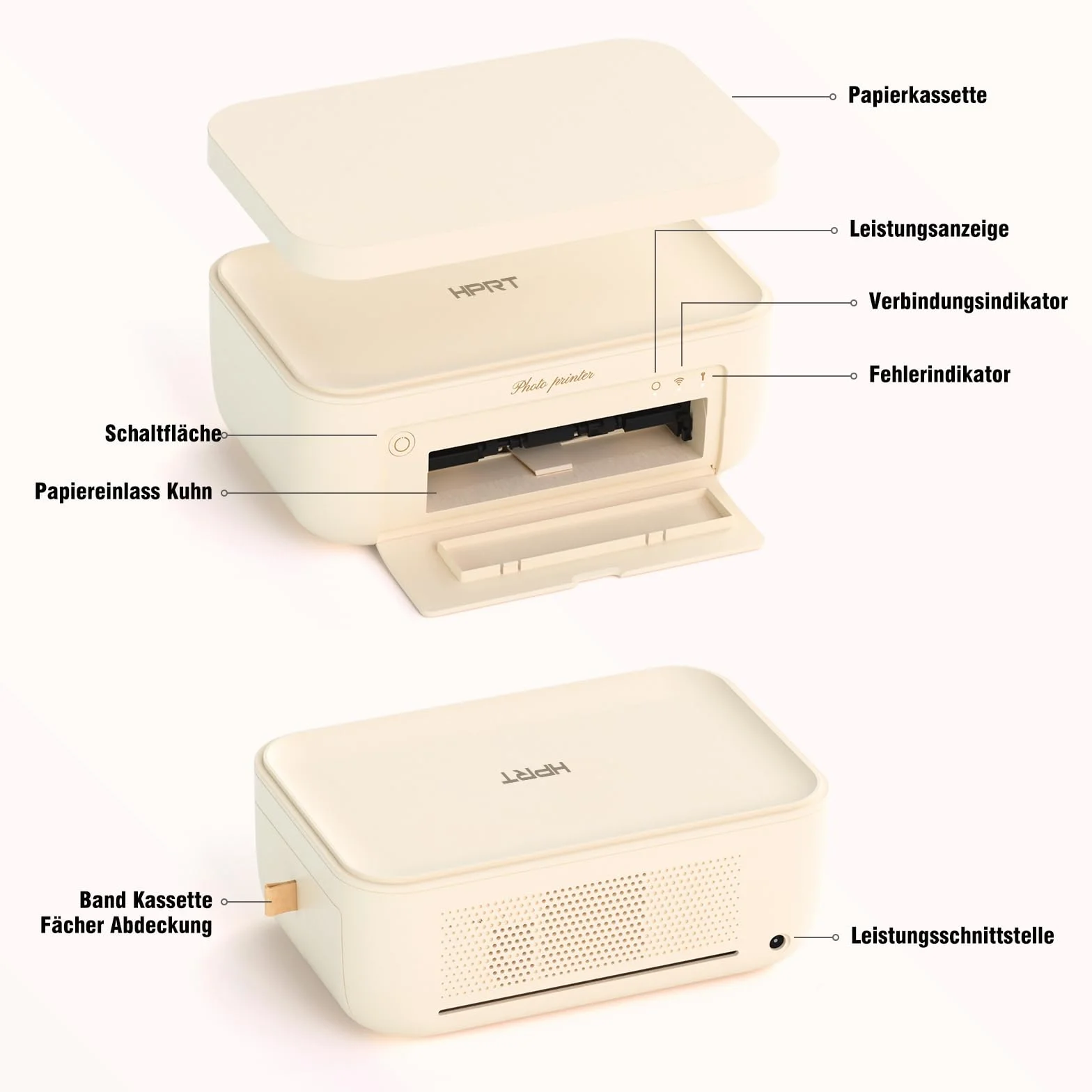 HPRT Desktop Fotodrucker 10cm x 15cm mit 20 Blatt Fotopapier & 1 Band, Instant Bilddrucker für iPhone, Smartphone, Thermische Farbstoffsublimation, WI-Fi-Verbindung, Zuhause, Beige