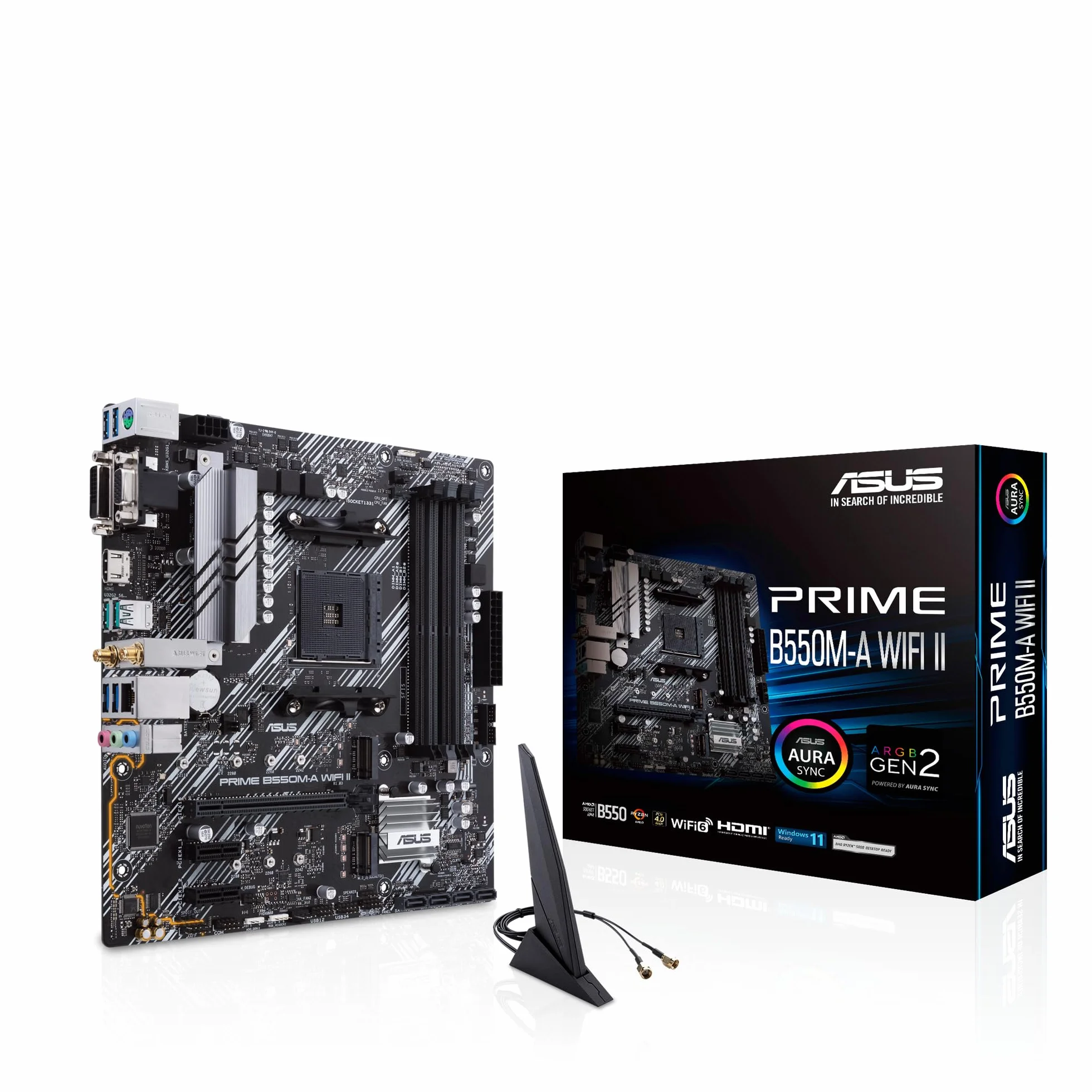 ASUS Prime B550M-A WiFi II Gaming Mainboard Sockel Ryzen AM4, mATX (AMD B550, PCIe 4.0, WiFi6, Dual M.2, SATA 6Gbit/s, Aura Sync)