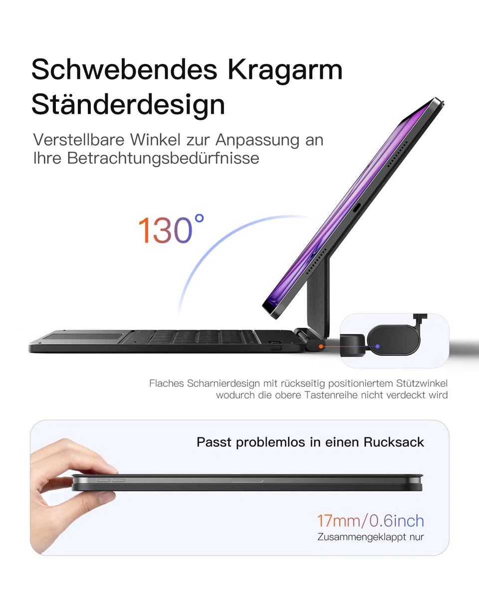 Inateck NeoMagic Magnetische Tastatur Hülle für iPad Air 13 Zoll M4/M3/M2(2026/2025/2024),iPad Pro 12.9 Zoll,Großes Trackpad,LED-Anzeige,7 Farben Hinterleuchtet,QWERTZ,mit Stifthalter,KB903