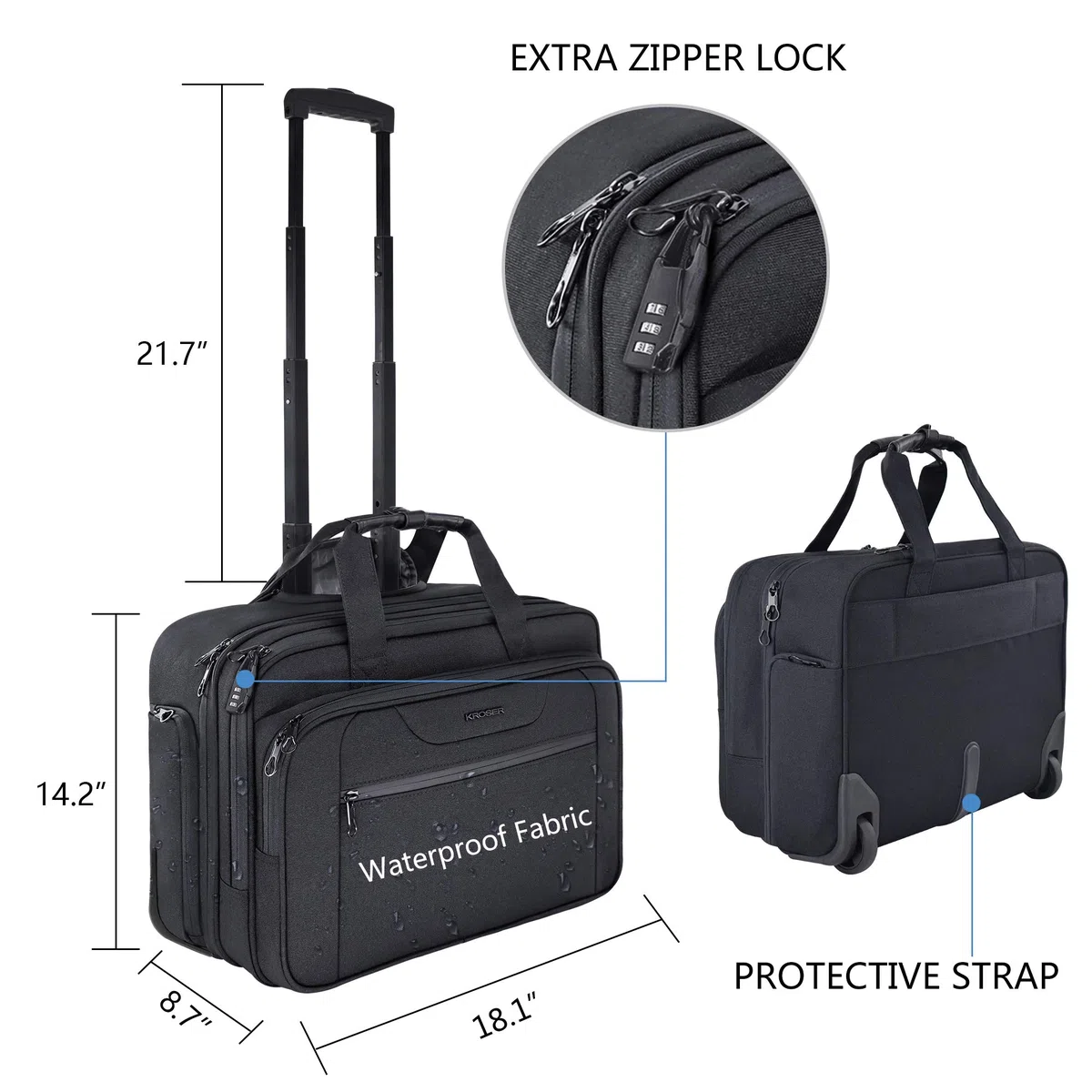KROSER Trolley Business, Handgepäck Koffer, Rolling Case mit Rädern Bis zu 17,3 Zoll Laptop wasserdichte Übernacht-Rolltasche mit RFID-Taschen für Reisen/Schule/Männer/Frauen-Schwarz MEHRWEG