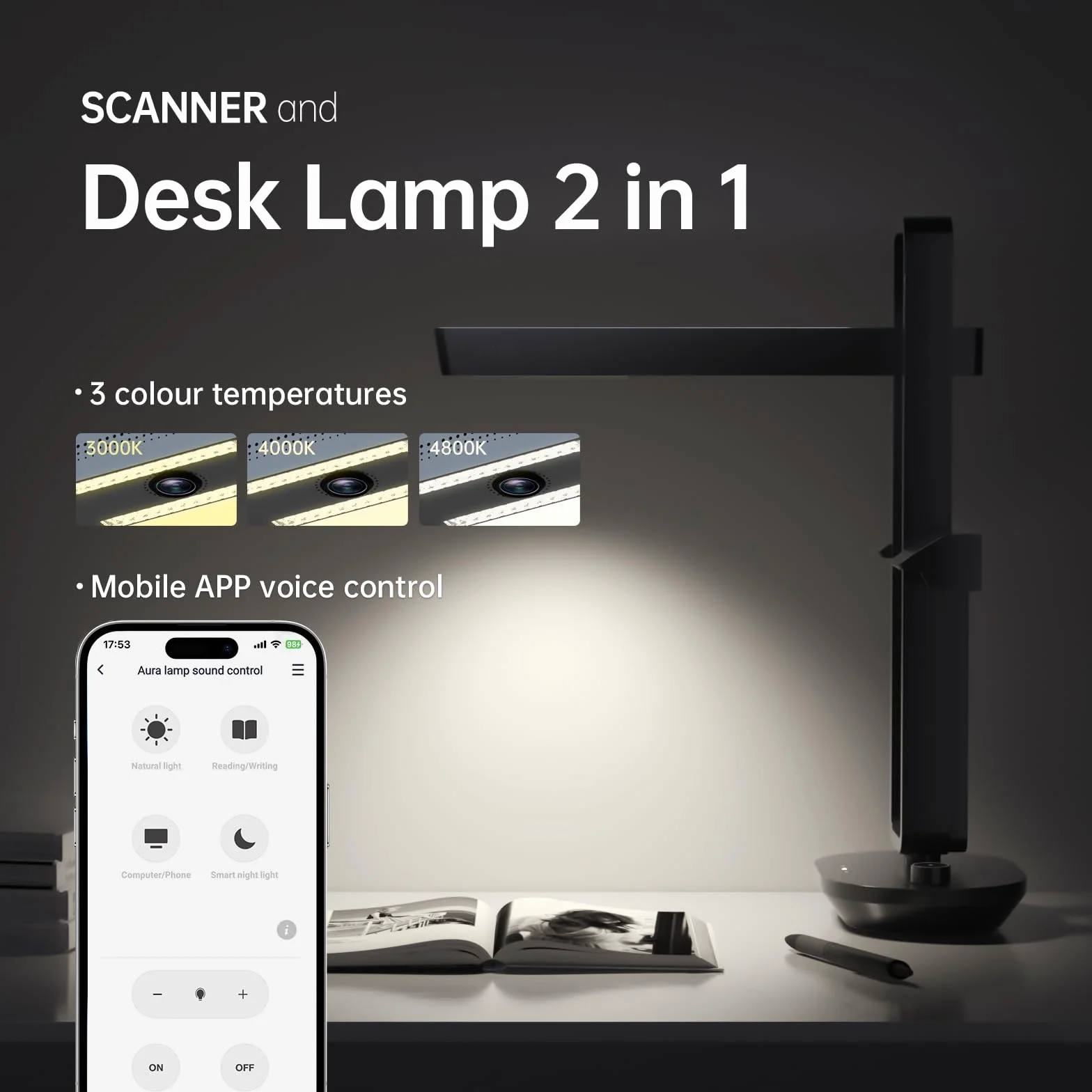 CZUR Buchscanner 14MP Scanner mit Led Schreibtischlampe, Dokumentenscanner mit OCR für Win und Mac, HD Dokumentenkamera scan bis zu A3 (Aura Pro)