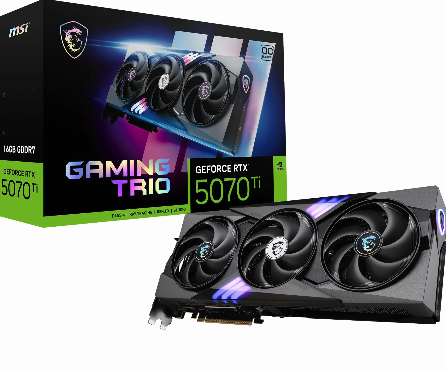 GeForce RTX 5070 Ti 16G Gaming Trio OC — 16GB GDDR7 (28Gbps/256-bit), PCIe 5, Boost: 2572 MHz, HDMI 2.1b, DisplayPort 2.1b