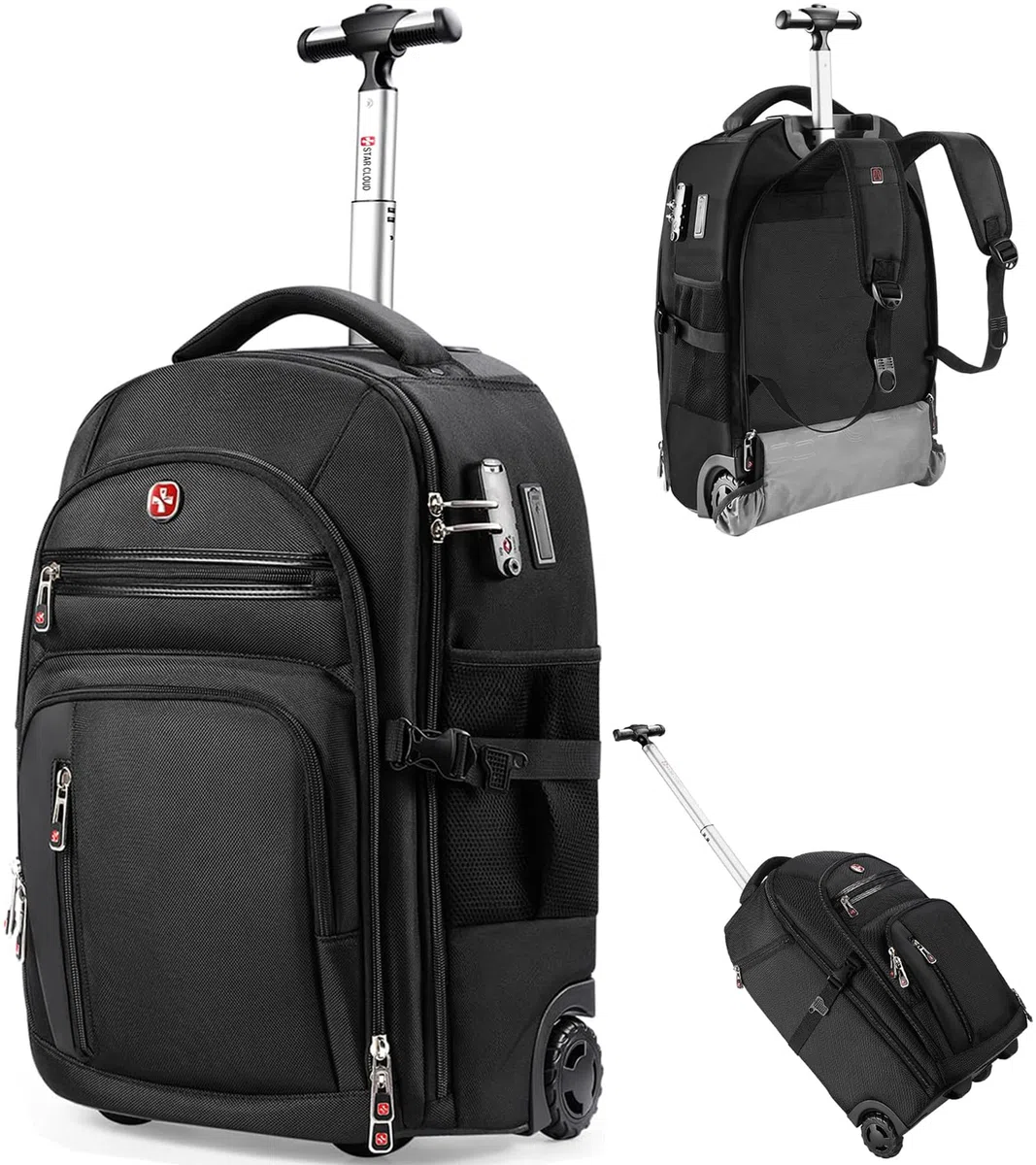star cloud Rollrucksack mit Rollen, USB- und Typ-C-Ladeanschlüssen, 21 x 14 x 9 cm, Schwarz, 17.3 INCH, Reiserucksäcke