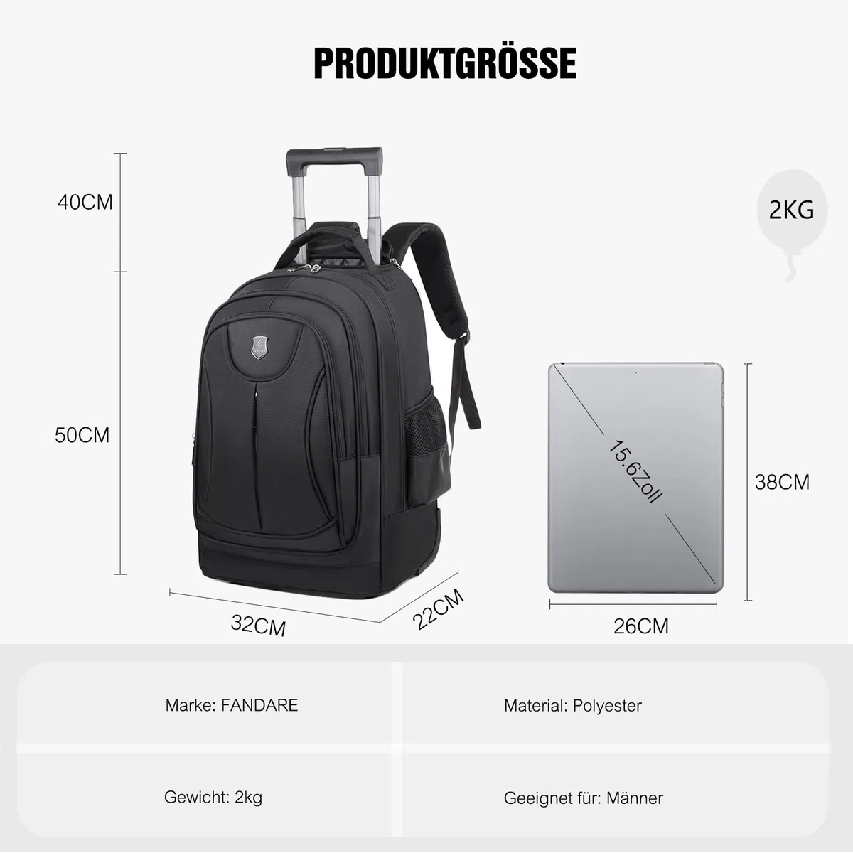 FANDARE 35L Laptop-Trolleys Herren Rollerrucksack 2 IN 1 Business Wandlungsrucksack Reiserucksack mit Rollen Trolley-Rucksack Rollen Handgepäck Notebook bis 15.6 Zoll Arbeit Aaktenkoffer Schwarz