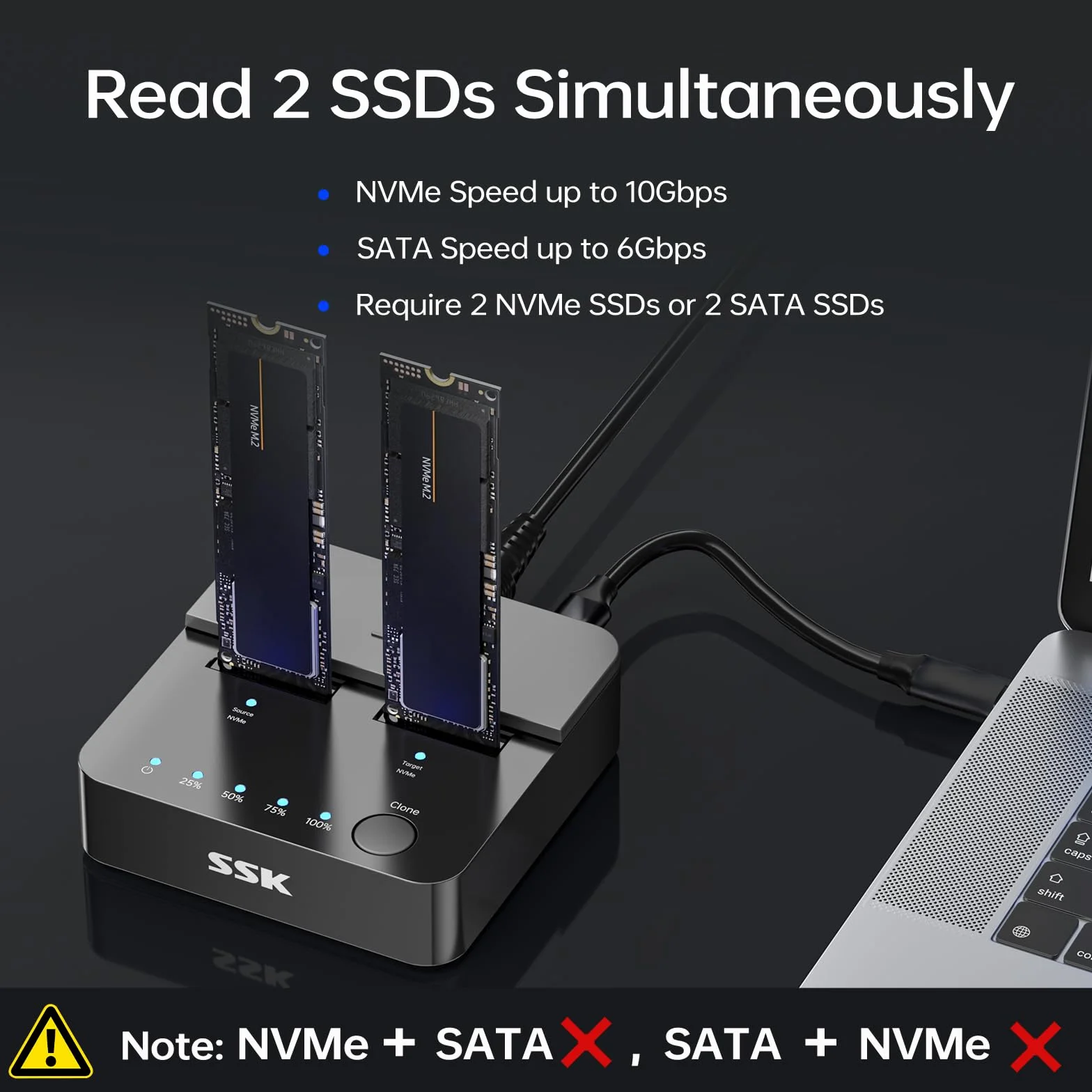 SSK M.2 NVMe SATA SSD Klonen Docking Station, Dual Bay Festplatten Dockingstation, USB 3.2 Gen 2 10Gbps M.2 SSD Gehäuse, USB Adapter für M-Key-/B+M-Key PCIe SSD Reader mit Offline-Klonfunktion