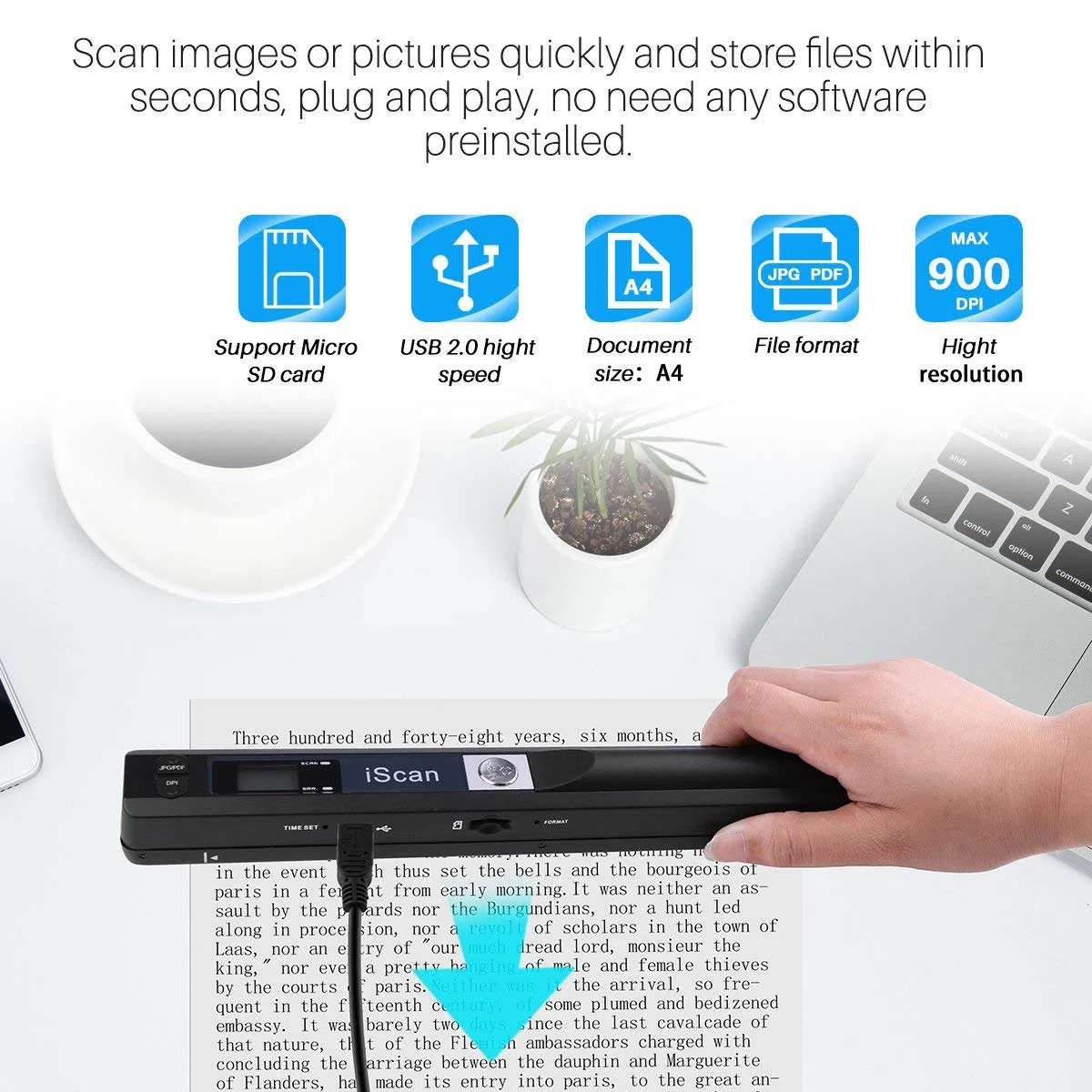 Tragbarer Dokumentenscanner mit 16GTF-Karte, 900 DPI A4 Handscanner Dokumentenscanner, JPG/PDF Hochgeschwindigkeits-USB 2.0 Farbfoto Portable Scanner für Dokumente Quittungen Fotos (Schwarz)