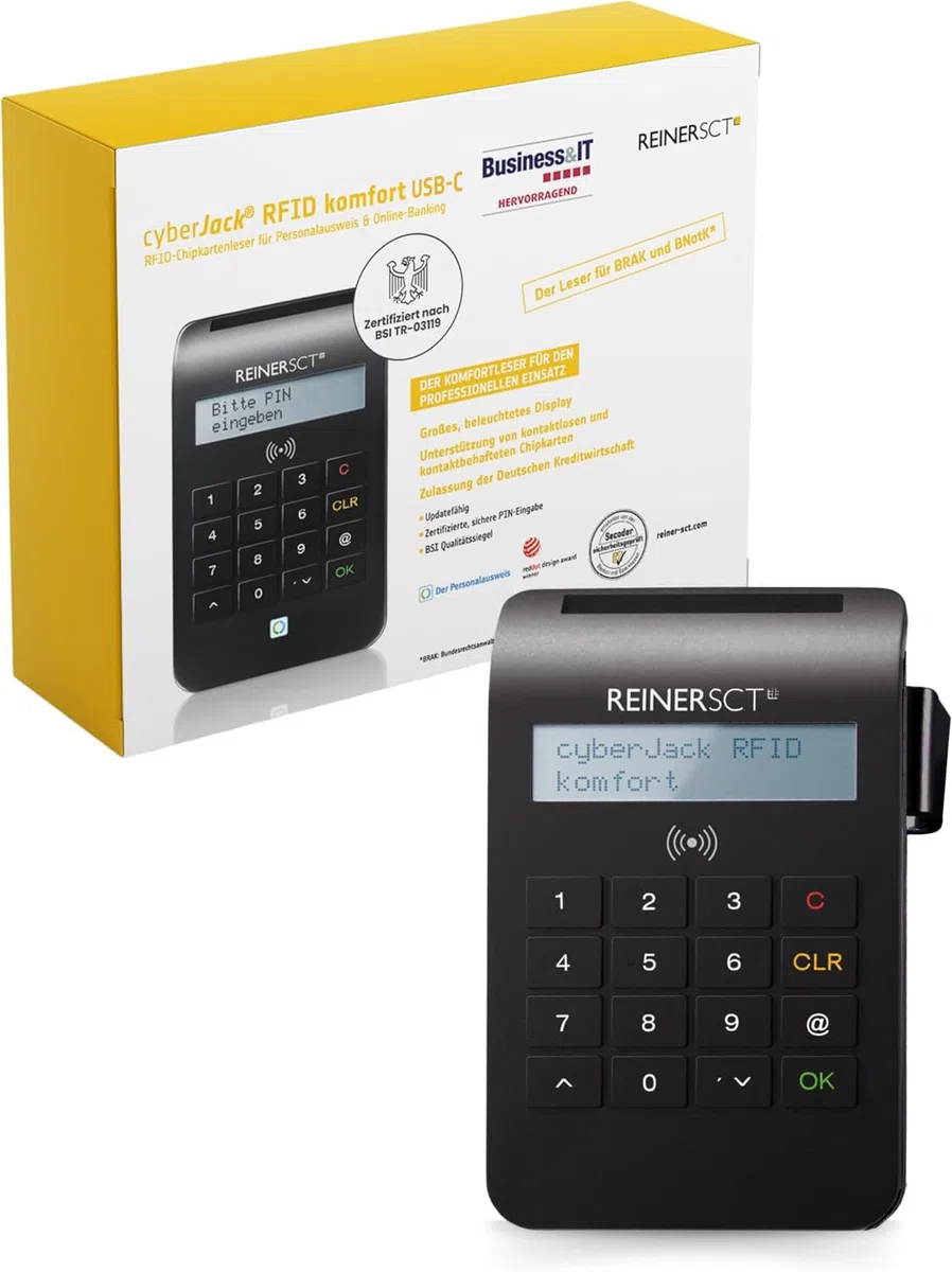 REINER SCT cyberJack RFID Komfort USB-C I Chipkartenleser für RFID-Chipkarten I Kartenlesegerät für den neuen Personalausweis & Online-Banking I Card Reader & TAN-Generator I eID Lesegerät