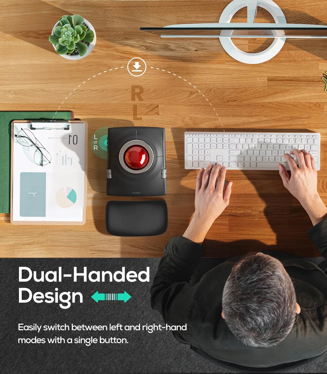 Nulea Wireless Trackball Maus, Ergonomischer 55mm Trackball, Einstellbarer DPI für Präzise Steuerung, Links- oder Rechtshänder Kompatibel, Wiederaufladbar, Multi-Device Bluetooth 2.4GHz für PC, Laptop