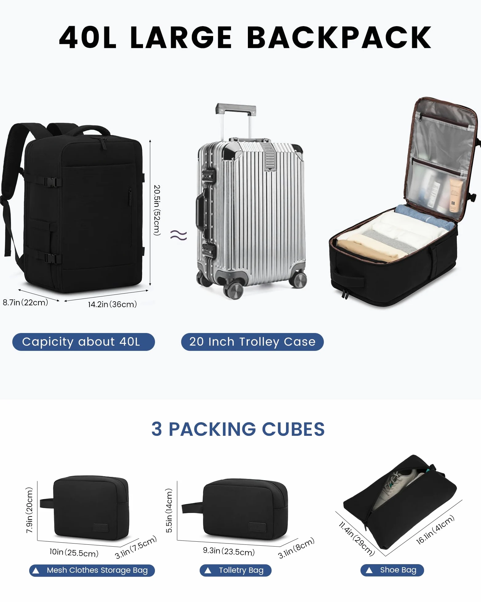LOVEVOOK Handgepäck Rucksack, 40L Groß Reiserucksack Herren Damen Kofferrucksack Flugzeug Tasche, Travel Backpack Carry On Luggage für 17 Zoll Laptop, Reisetasche Koffer Cabin Bag für Reise, Schwarz
